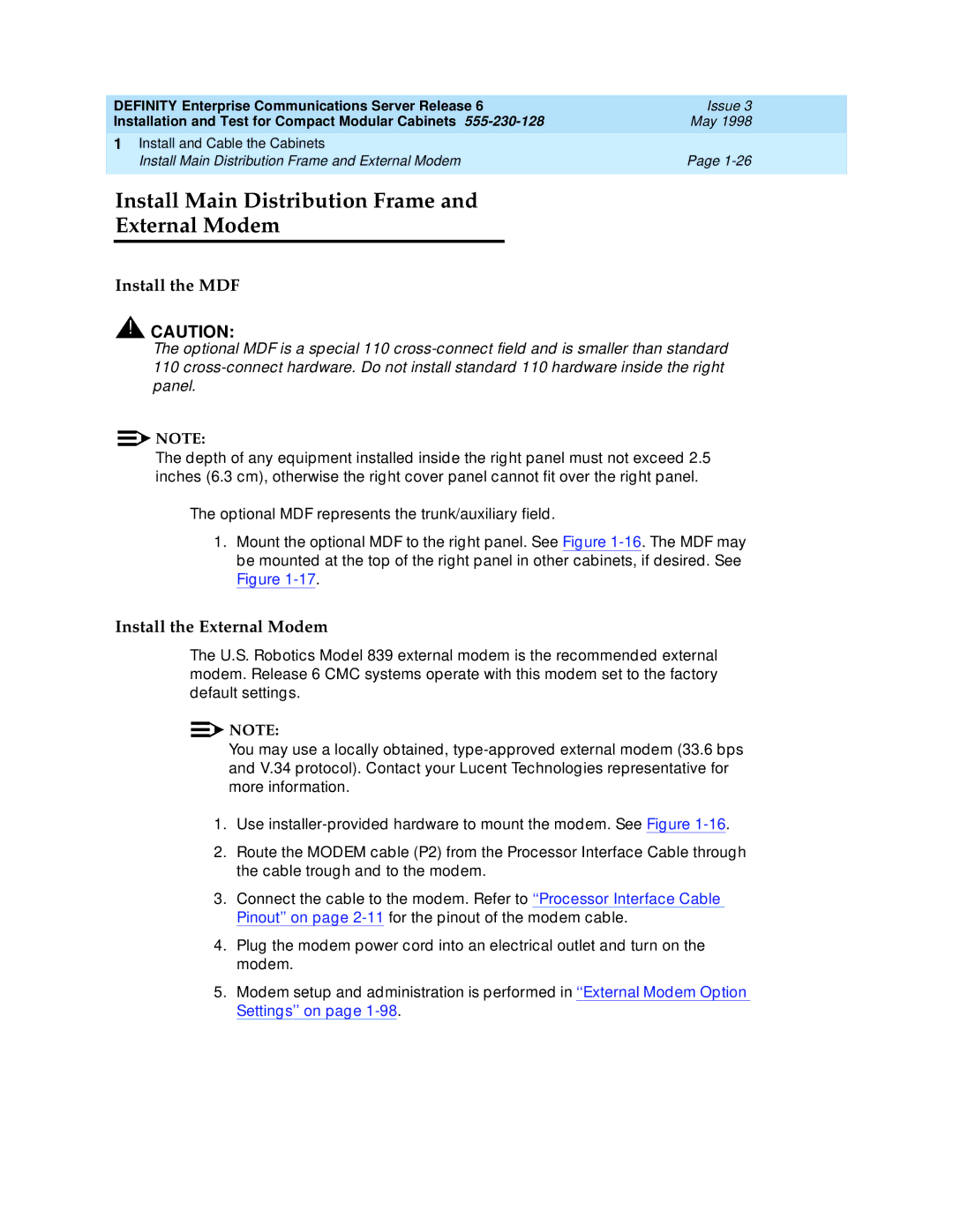 Lucent Technologies 555-230-128 manual Install Main Distribution Frame External Modem, Install the MDF 