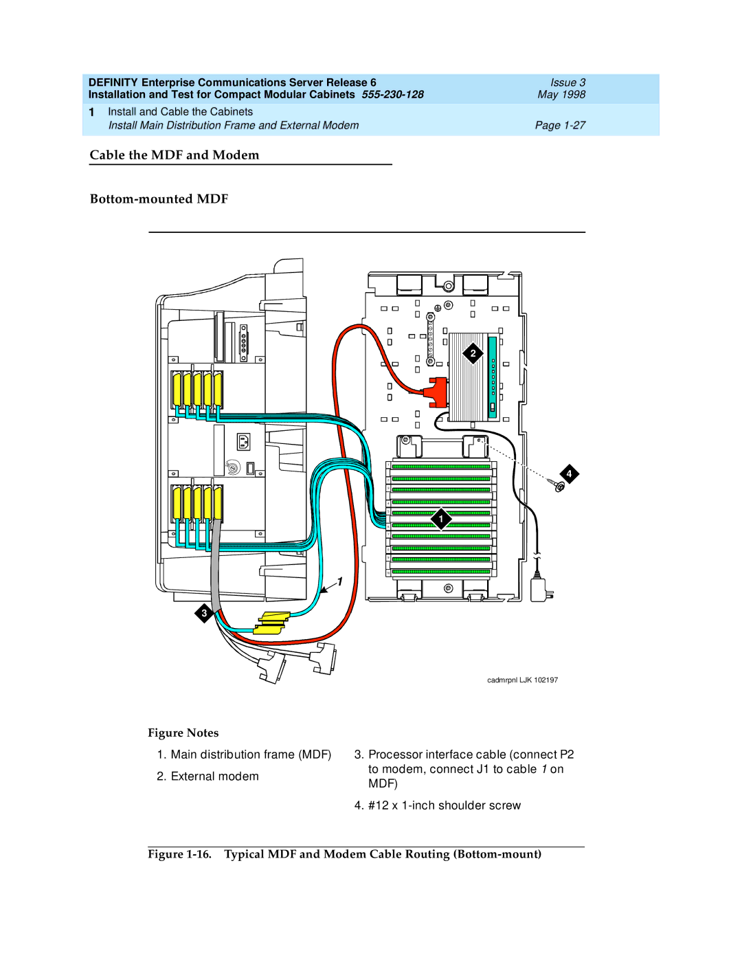 Lucent Technologies 555-230-128 manual Cable the MDF and Modem Bottom-mounted MDF 