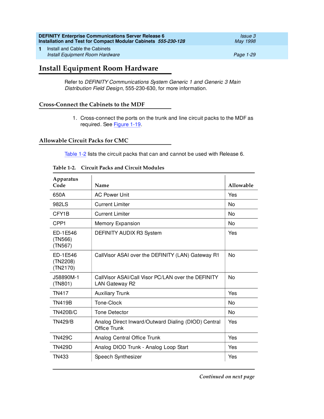 Lucent Technologies 555-230-128 manual Install Equipment Room Hardware, Cross-Connect the Cabinets to the MDF 