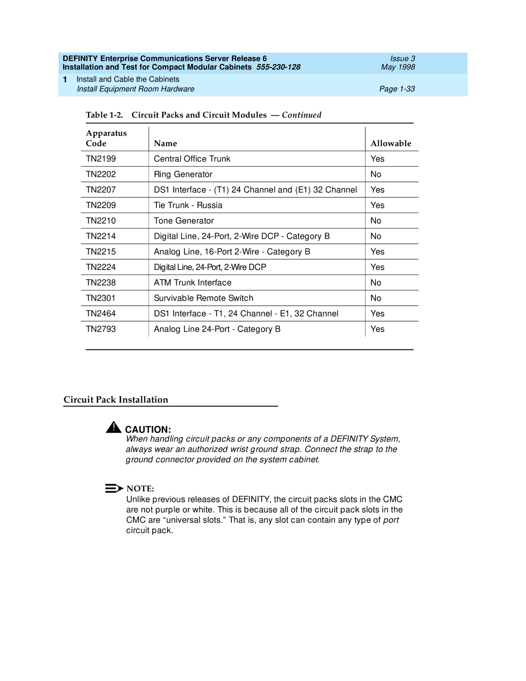 Lucent Technologies 555-230-128 manual Circuit Pack Installation 