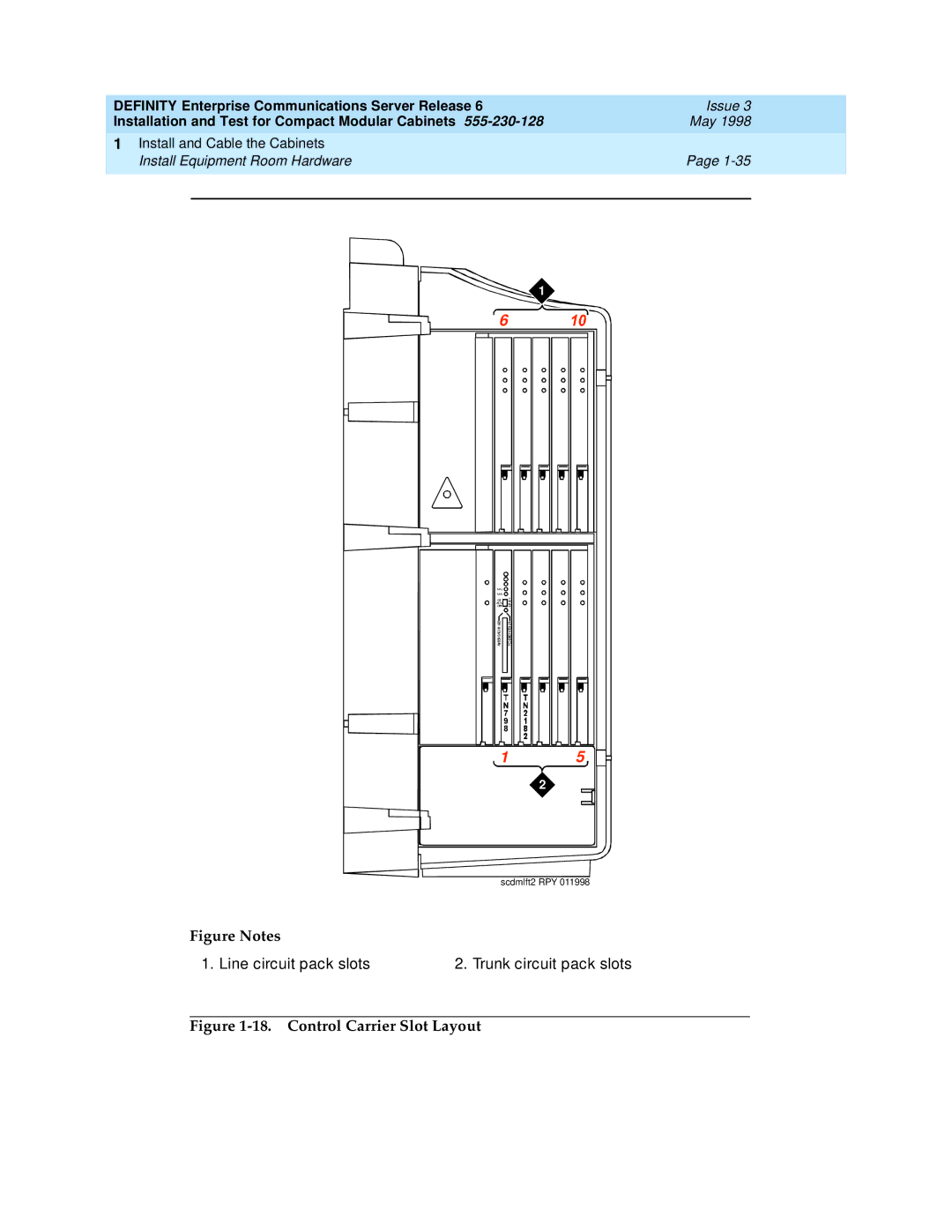 Lucent Technologies 555-230-128 manual Line circuit pack slots Trunk circuit pack slots, Control Carrier Slot Layout 