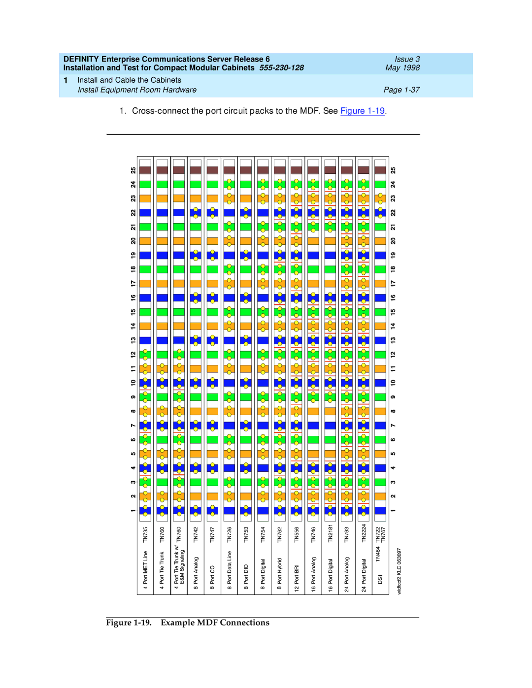 Lucent Technologies 555-230-128 manual Cross-connect the port circuit packs to the MDF. See Figure, Example MDF Connections 