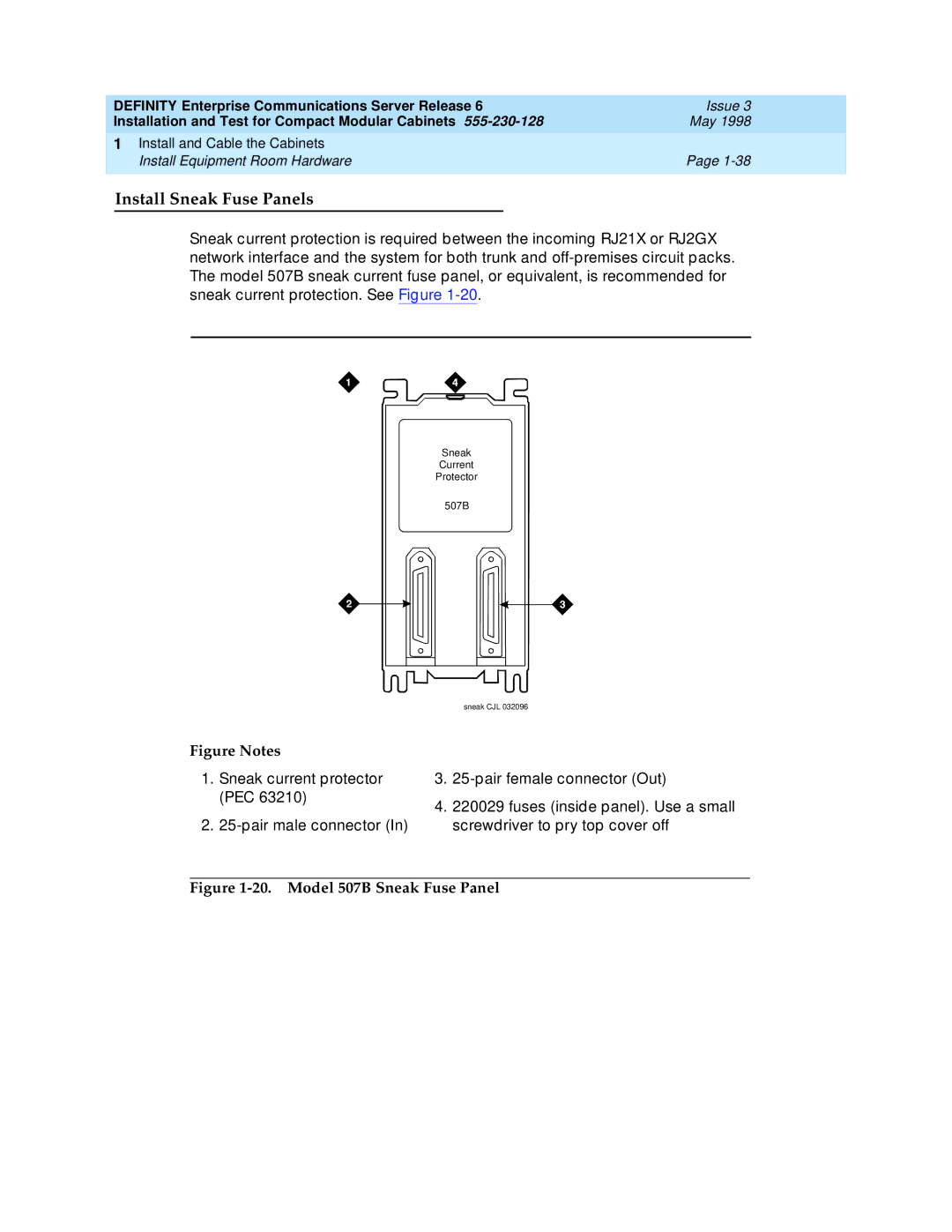 Lucent Technologies 555-230-128 manual Install Sneak Fuse Panels, Sneak current protector PEC Pair male connector 