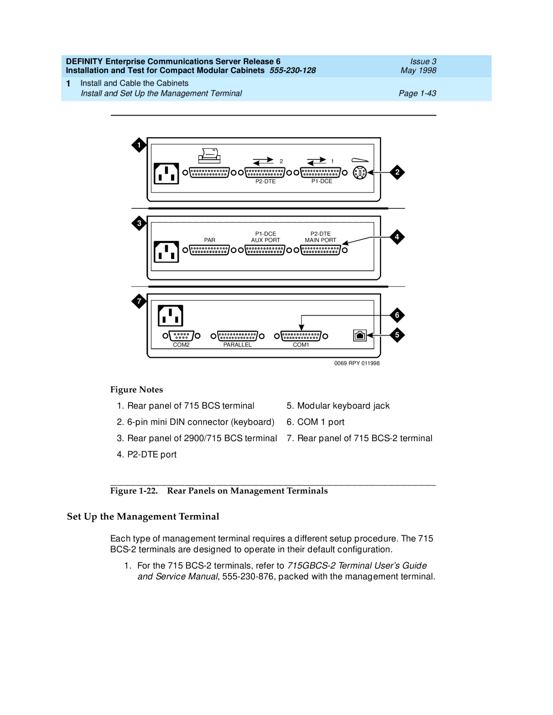 Lucent Technologies 555-230-128 manual Set Up the Management Terminal, Rear Panels on Management Terminals 