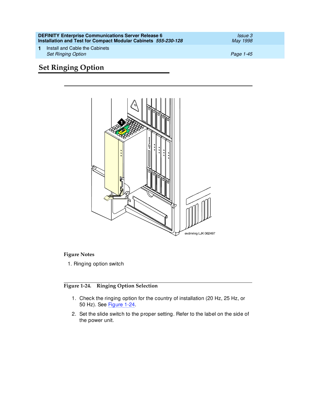 Lucent Technologies 555-230-128 manual Set Ringing Option, Ringing option switch 