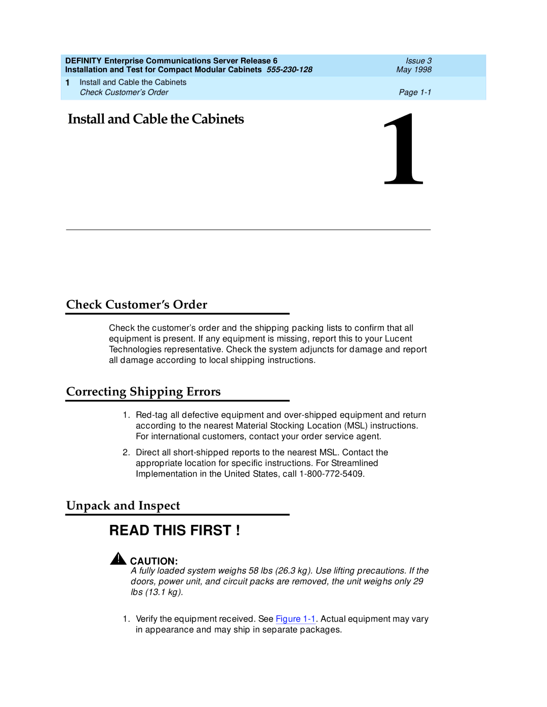 Lucent Technologies 555-230-128 manual Check Customer’s Order, Correcting Shipping Errors, Unpack and Inspect 