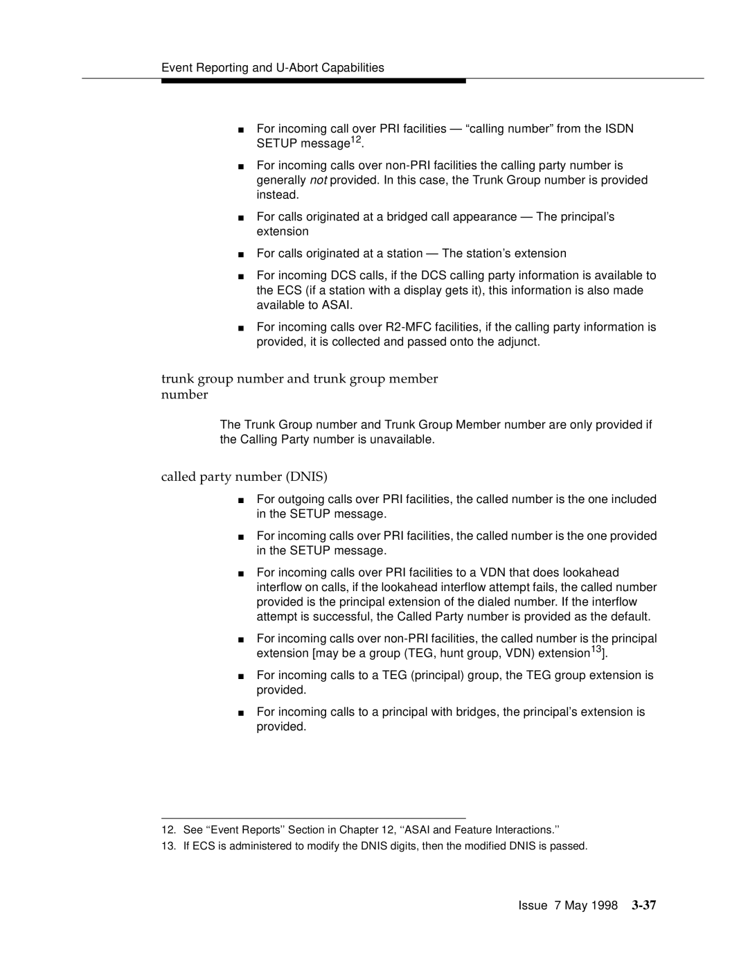 Lucent Technologies 555-230-220 manual Trunk group number and trunk group member number, Called party number Dnis 