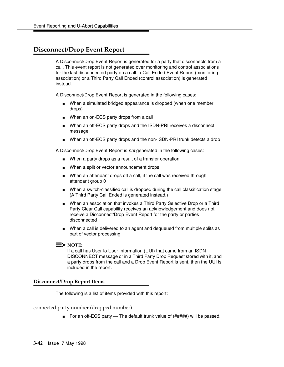 Lucent Technologies 555-230-220 manual Disconnect/Drop Event Report, Disconnect/Drop Report Items 