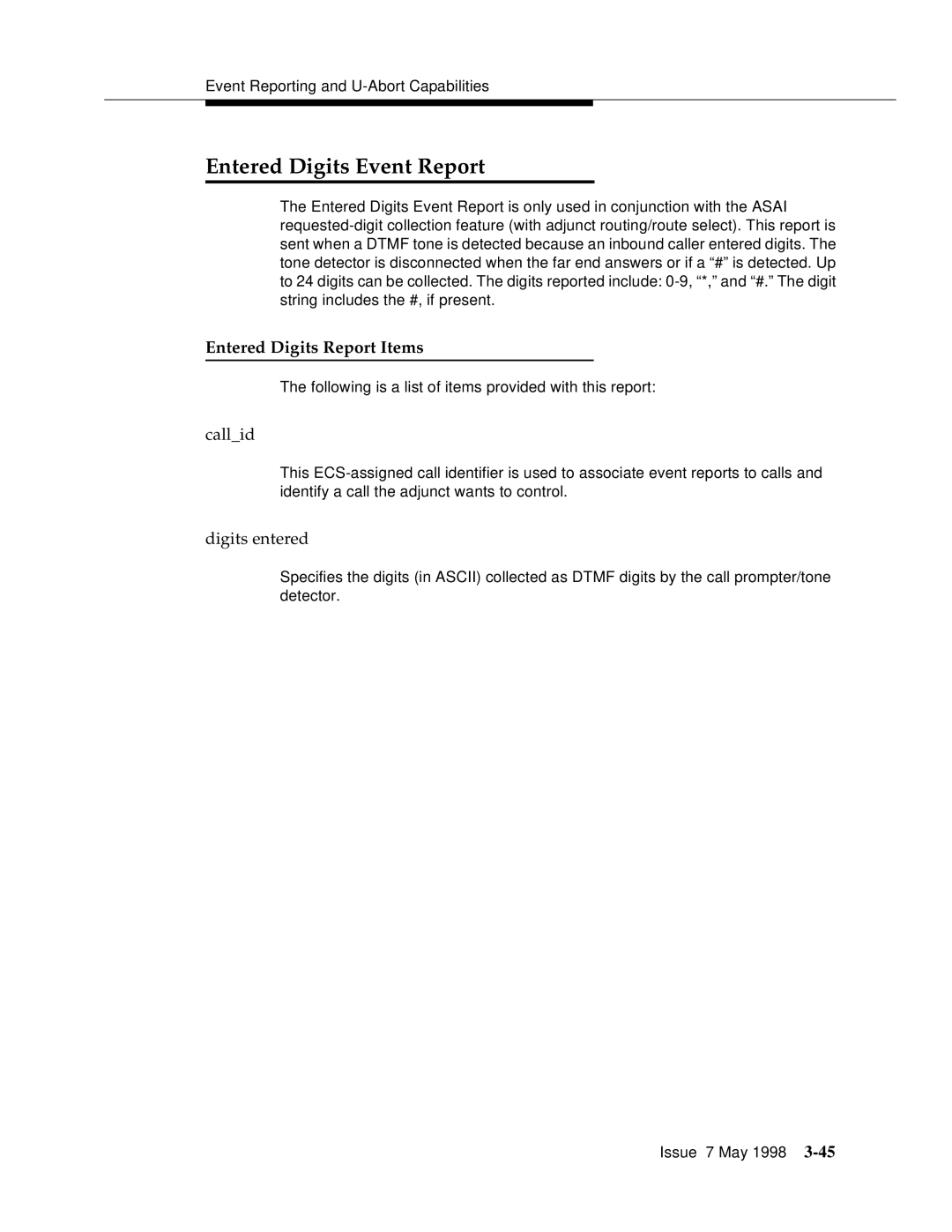 Lucent Technologies 555-230-220 manual Entered Digits Event Report, Entered Digits Report Items, Digits entered 