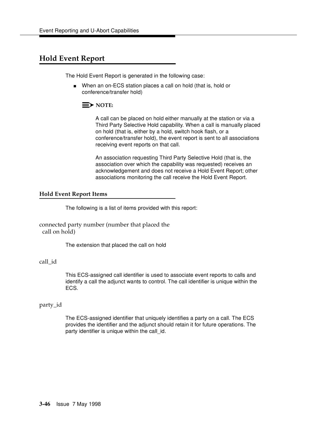 Lucent Technologies 555-230-220 Hold Event Report Items, Connected party number number that placed the call on hold 