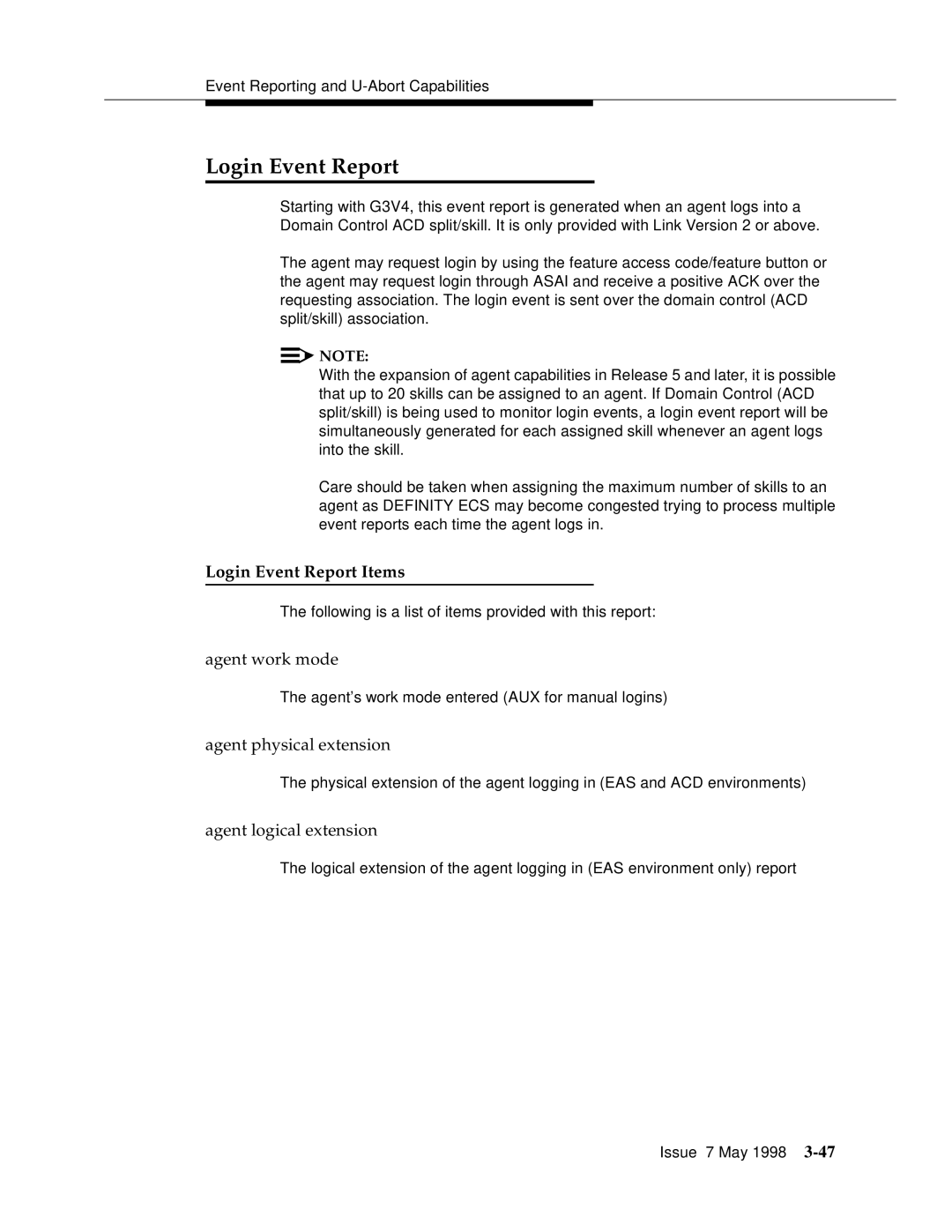 Lucent Technologies 555-230-220 manual Login Event Report Items, Agent work mode, Agent physical extension 