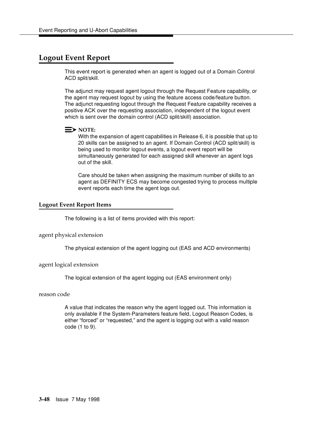 Lucent Technologies 555-230-220 manual Logout Event Report Items, Reason code 