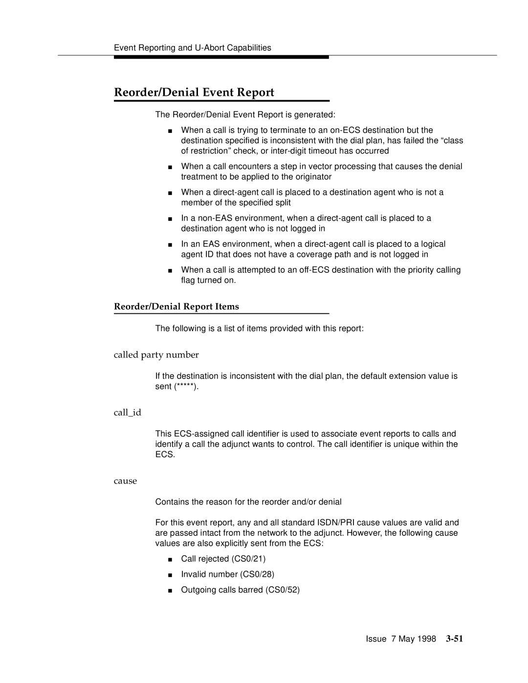 Lucent Technologies 555-230-220 manual Reorder/Denial Event Report, Reorder/Denial Report Items 