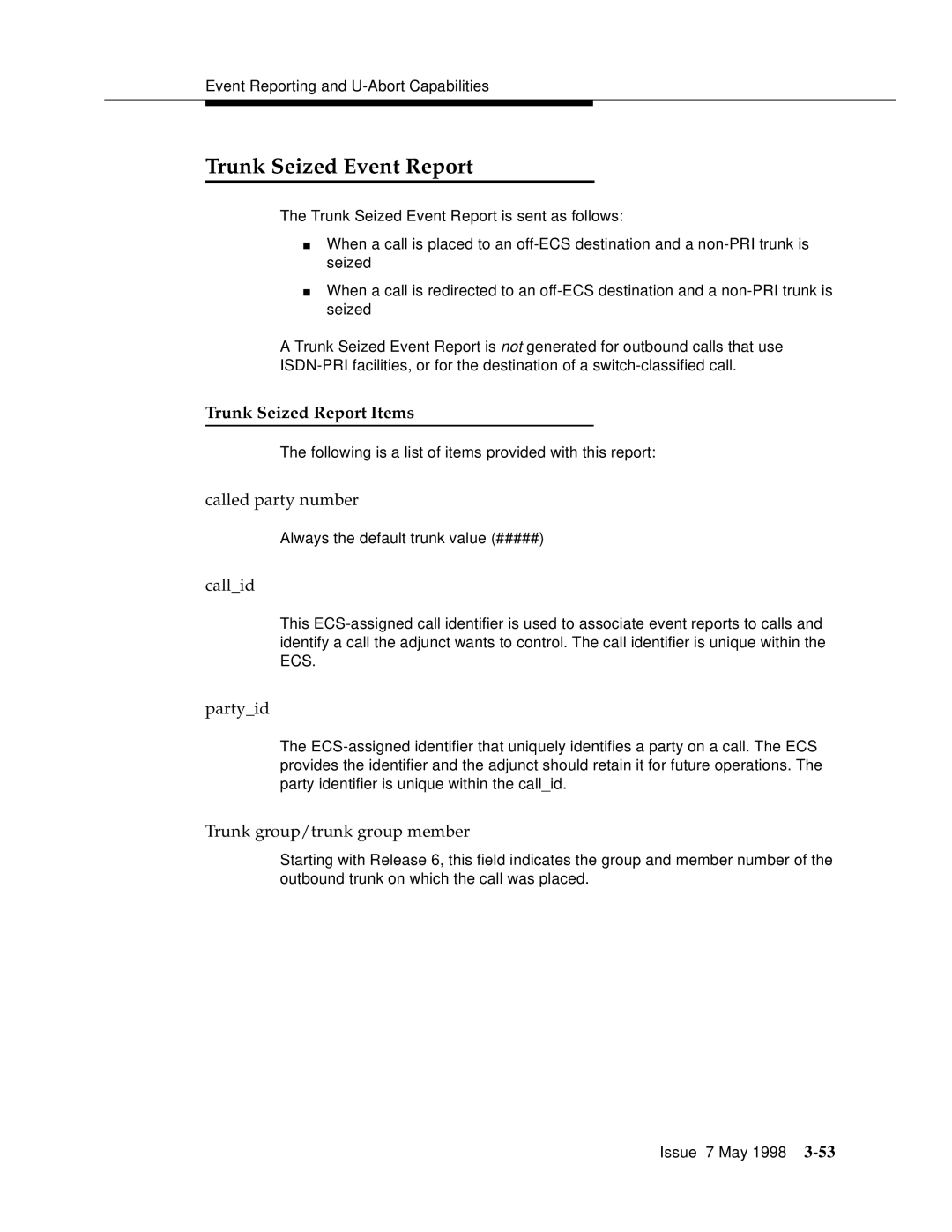 Lucent Technologies 555-230-220 manual Trunk Seized Event Report, Trunk Seized Report Items 