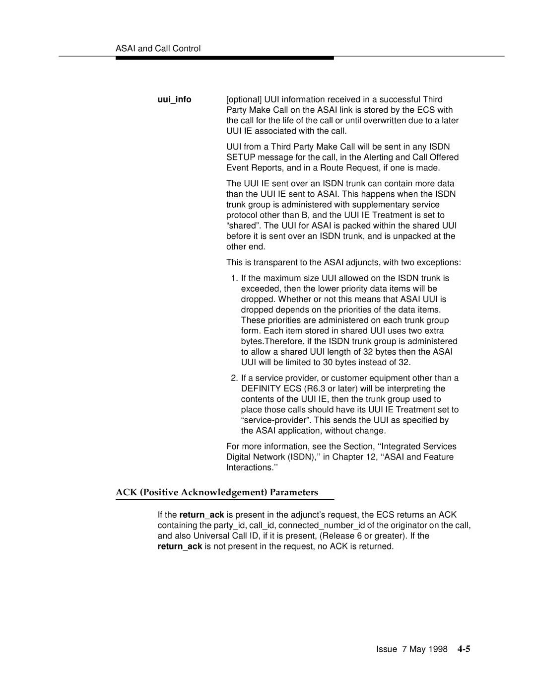 Lucent Technologies 555-230-220 manual ACK Positive Acknowledgement Parameters, Uuiinfo 