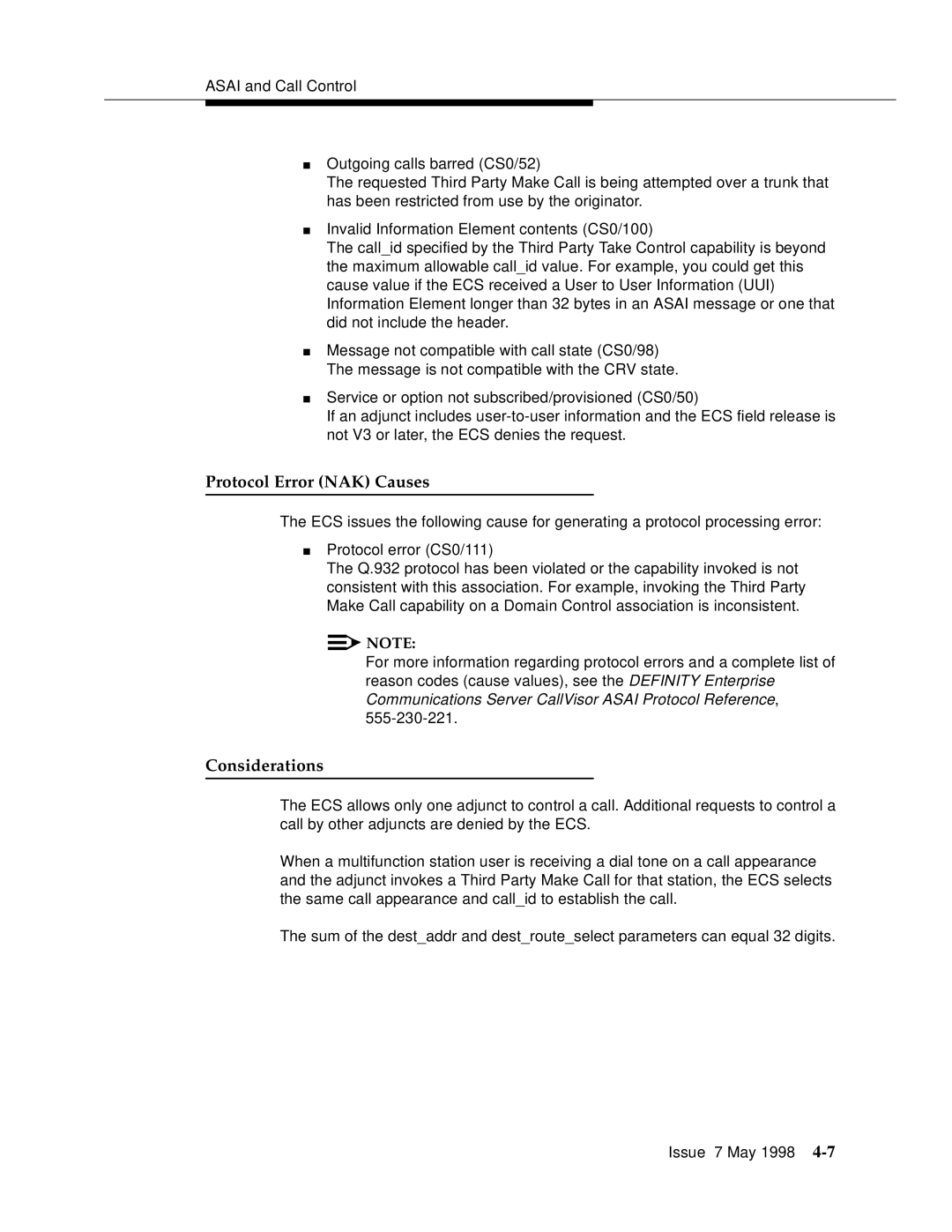 Lucent Technologies 555-230-220 manual Protocol Error NAK Causes, Considerations 