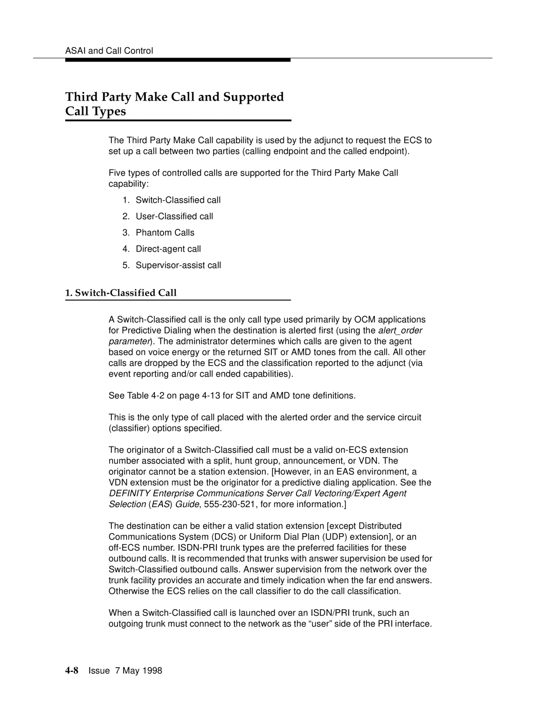 Lucent Technologies 555-230-220 manual Third Party Make Call and Supported Call Types, Switch-Classified Call 