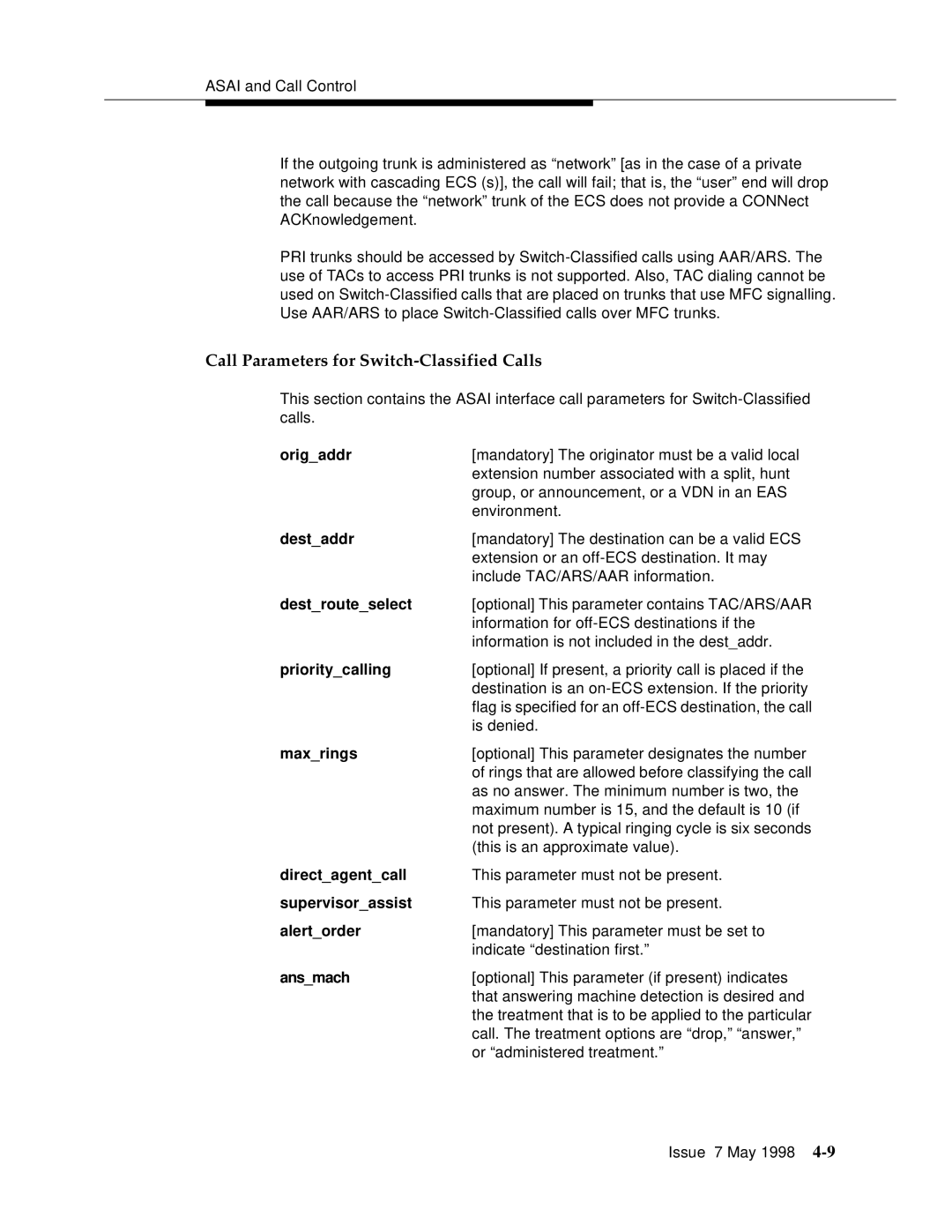 Lucent Technologies 555-230-220 manual Call Parameters for Switch-Classified Calls 