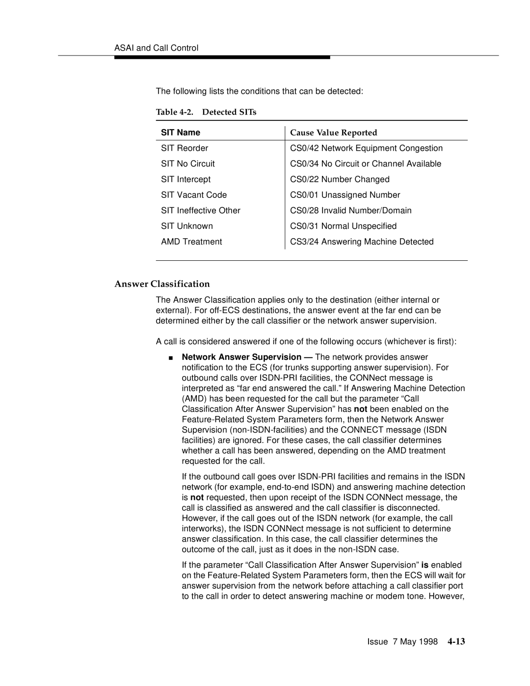 Lucent Technologies 555-230-220 manual Answer Classification, SIT Name 