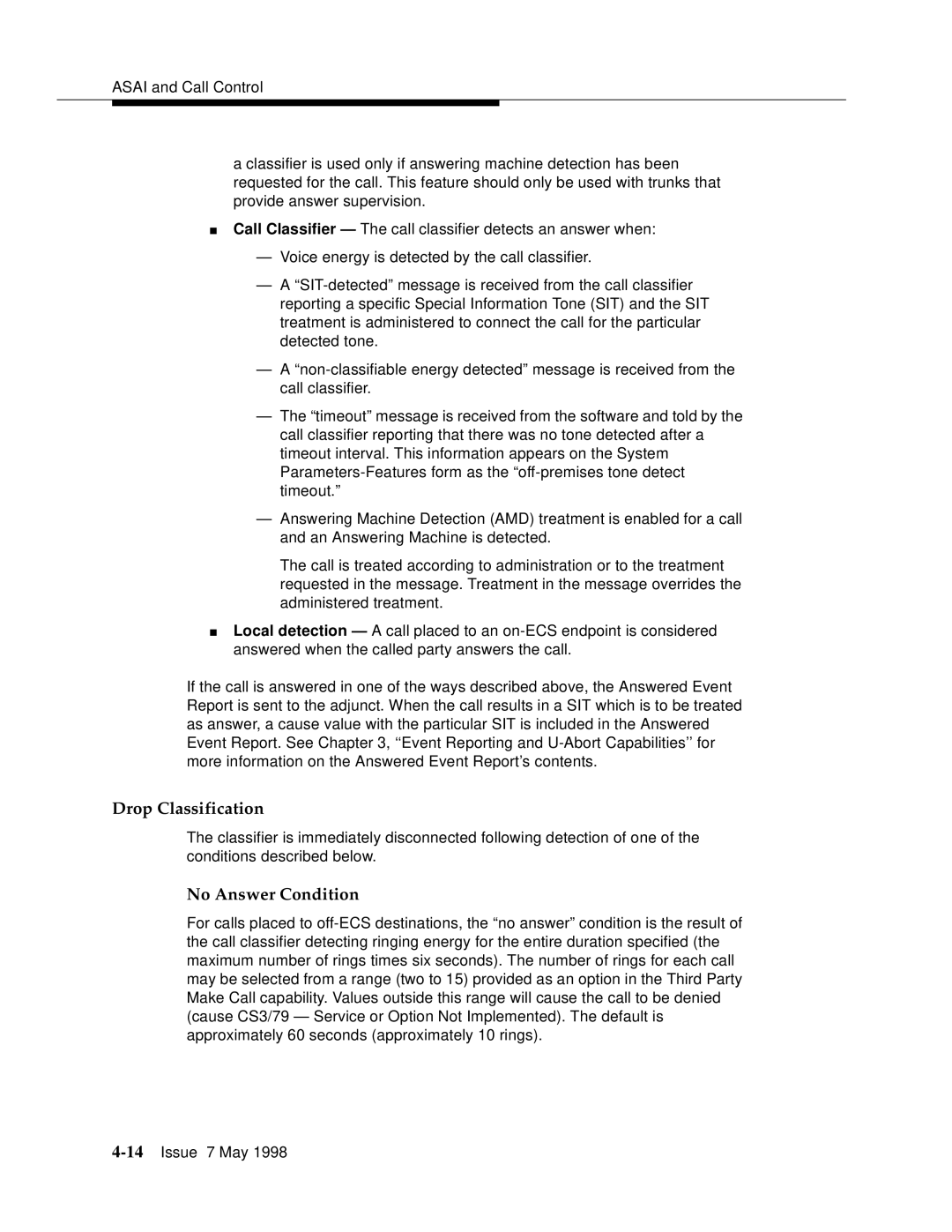 Lucent Technologies 555-230-220 manual Drop Classification, No Answer Condition 