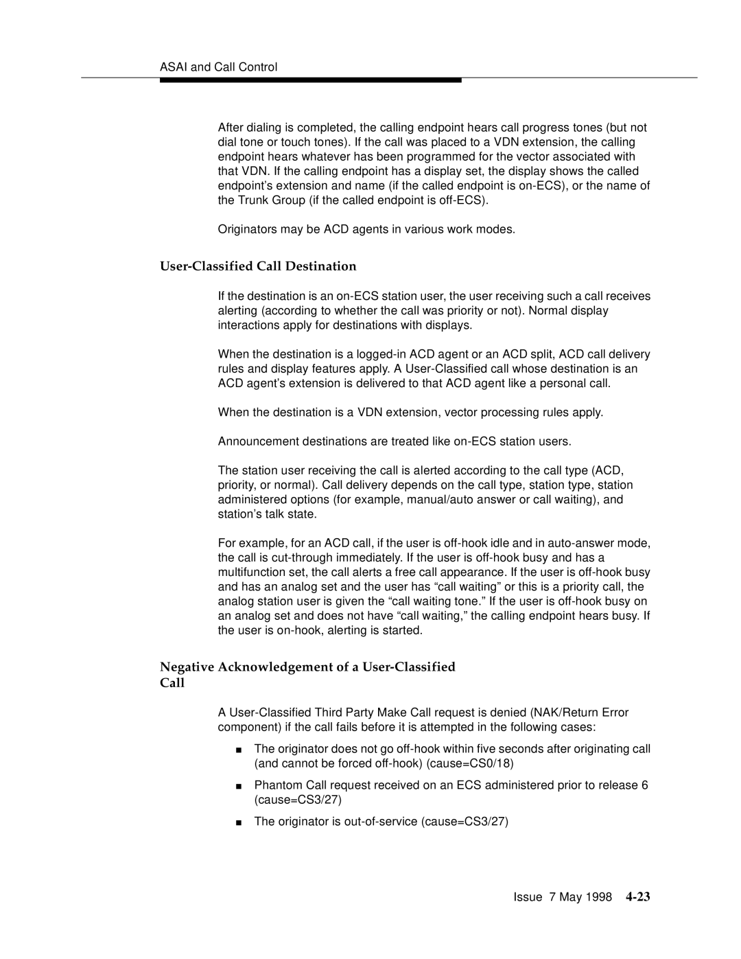 Lucent Technologies 555-230-220 manual User-Classified Call Destination, Negative Acknowledgement of a User-Classified Call 