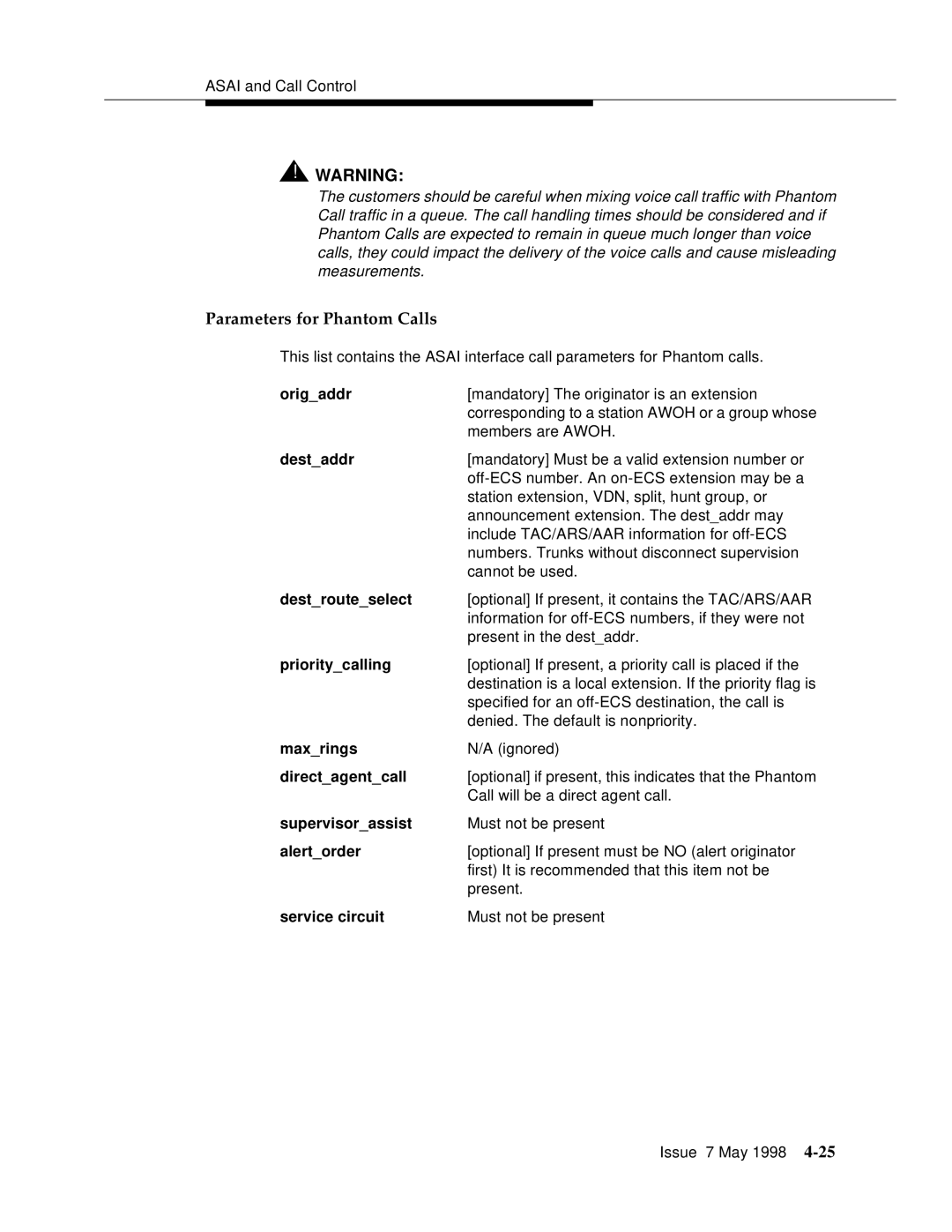 Lucent Technologies 555-230-220 manual Parameters for Phantom Calls, Origaddr 