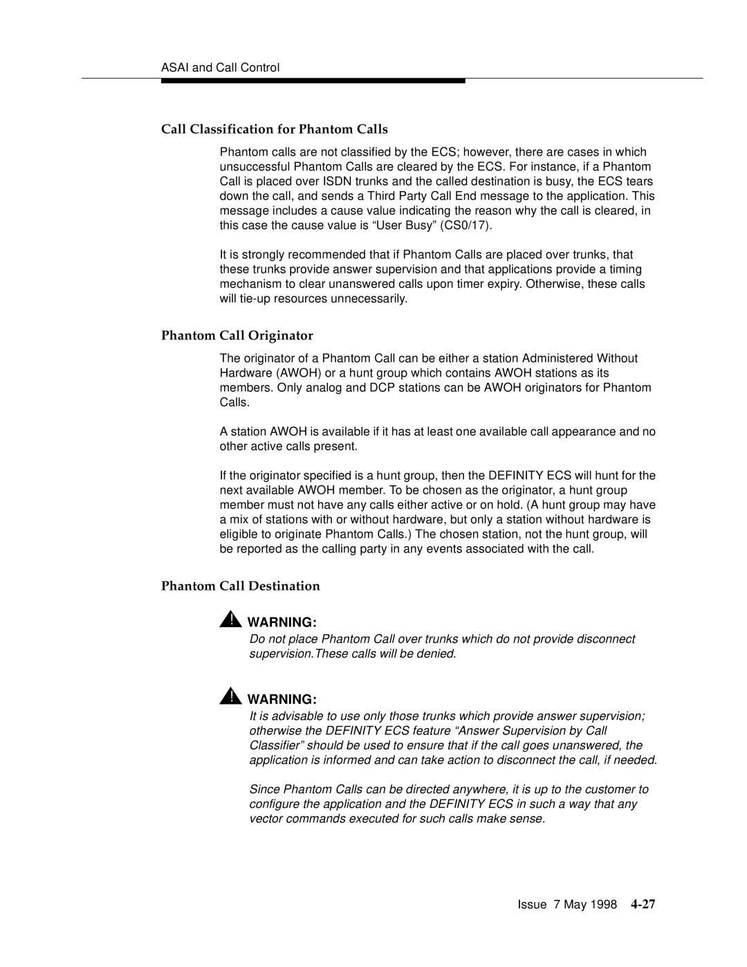 Lucent Technologies 555-230-220 Call Classification for Phantom Calls, Phantom Call Originator, Phantom Call Destination 