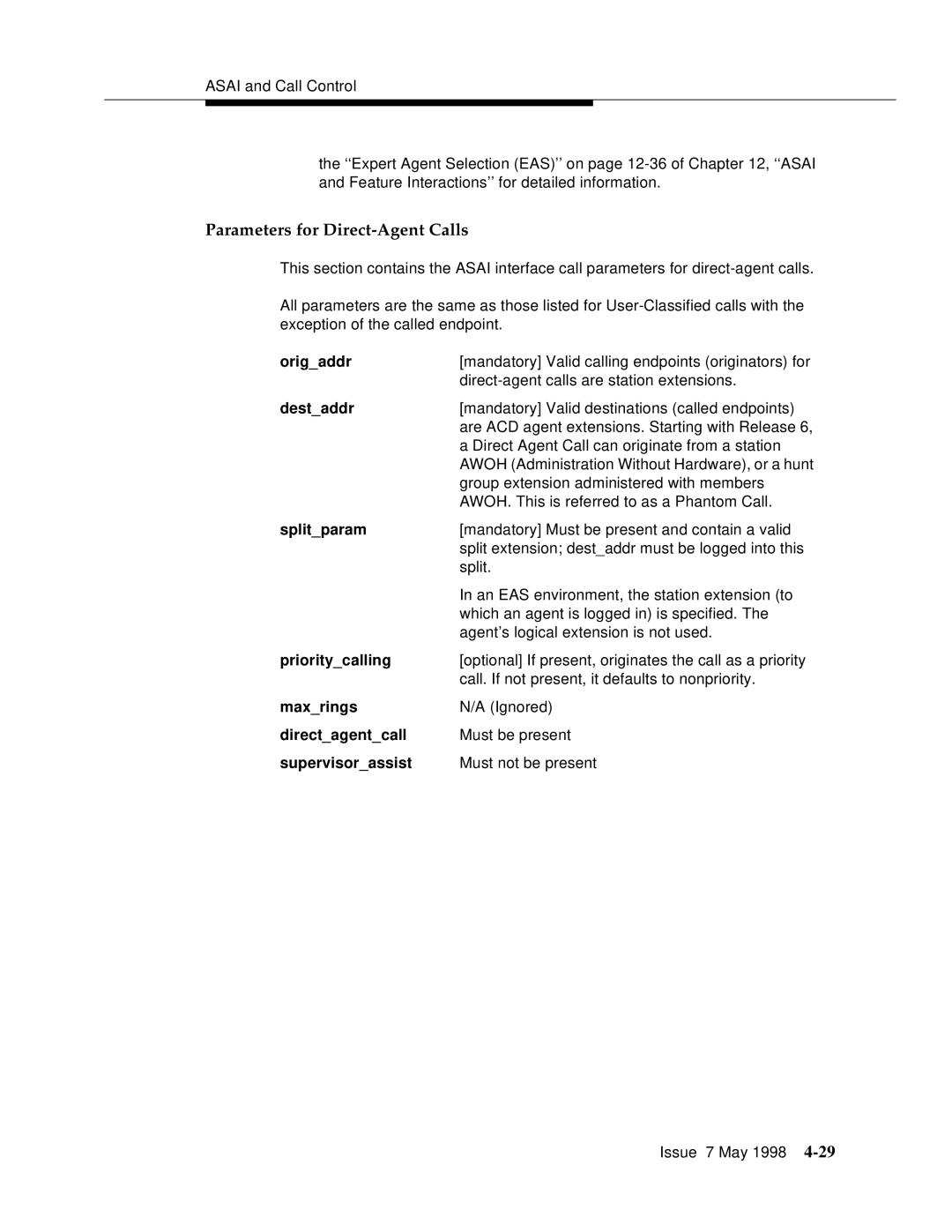 Lucent Technologies 555-230-220 manual Parameters for Direct-Agent Calls, Splitparam 