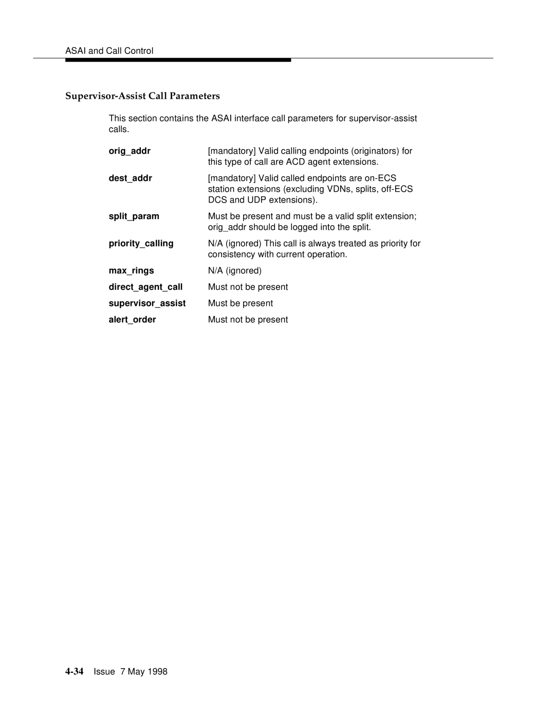 Lucent Technologies 555-230-220 manual Supervisor-Assist Call Parameters, Origaddr 