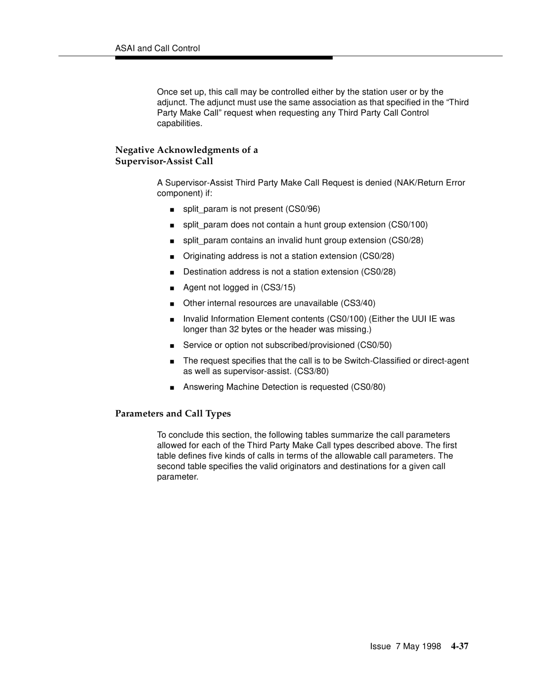 Lucent Technologies 555-230-220 manual Negative Acknowledgments of a Supervisor-Assist Call, Parameters and Call Types 