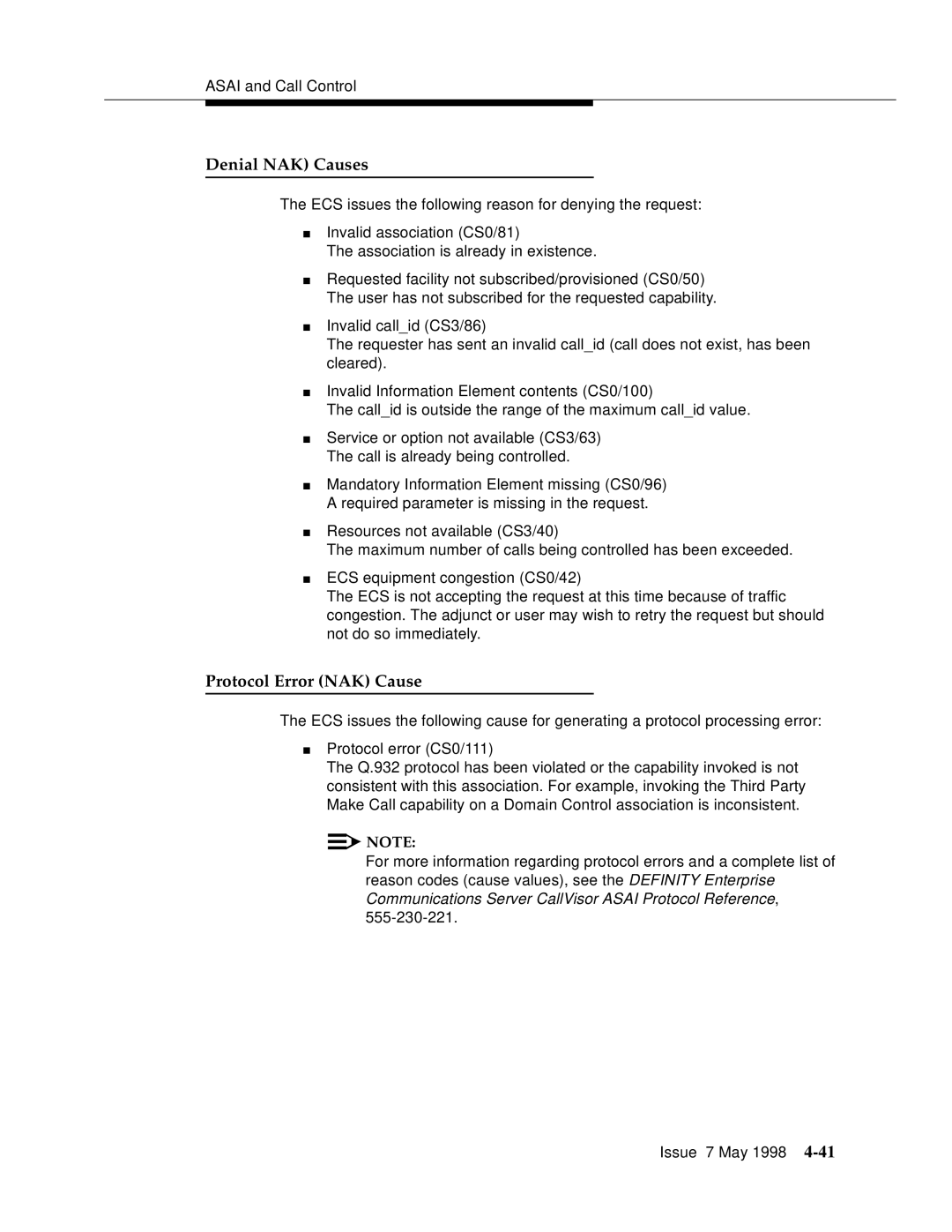 Lucent Technologies 555-230-220 manual Denial NAK Causes, Protocol Error NAK Cause 