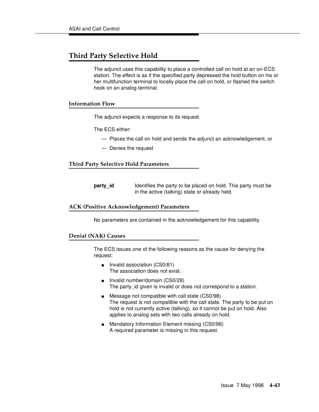 Lucent Technologies 555-230-220 manual Third Party Selective Hold Parameters, Partyid 