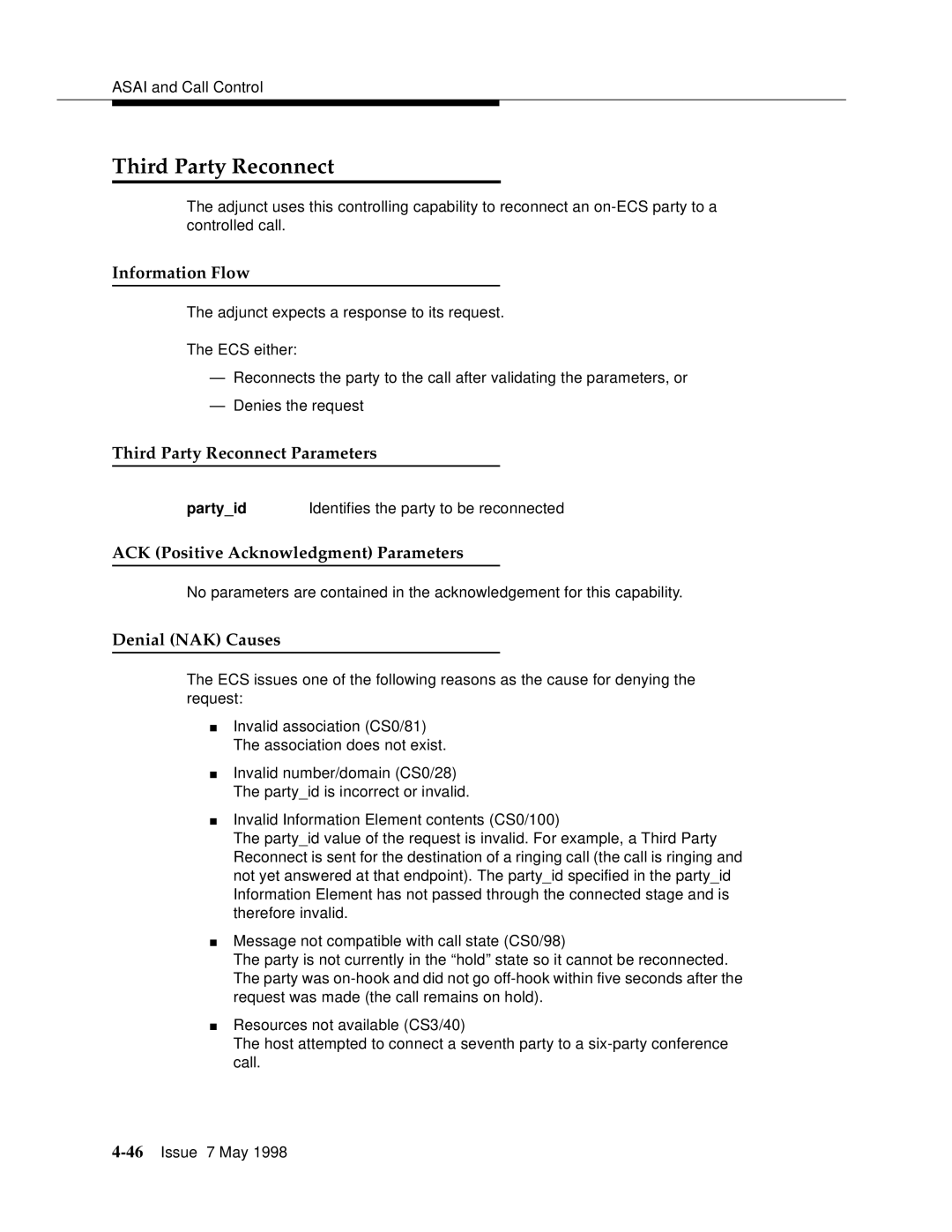 Lucent Technologies 555-230-220 manual Third Party Reconnect Parameters, ACK Positive Acknowledgment Parameters 