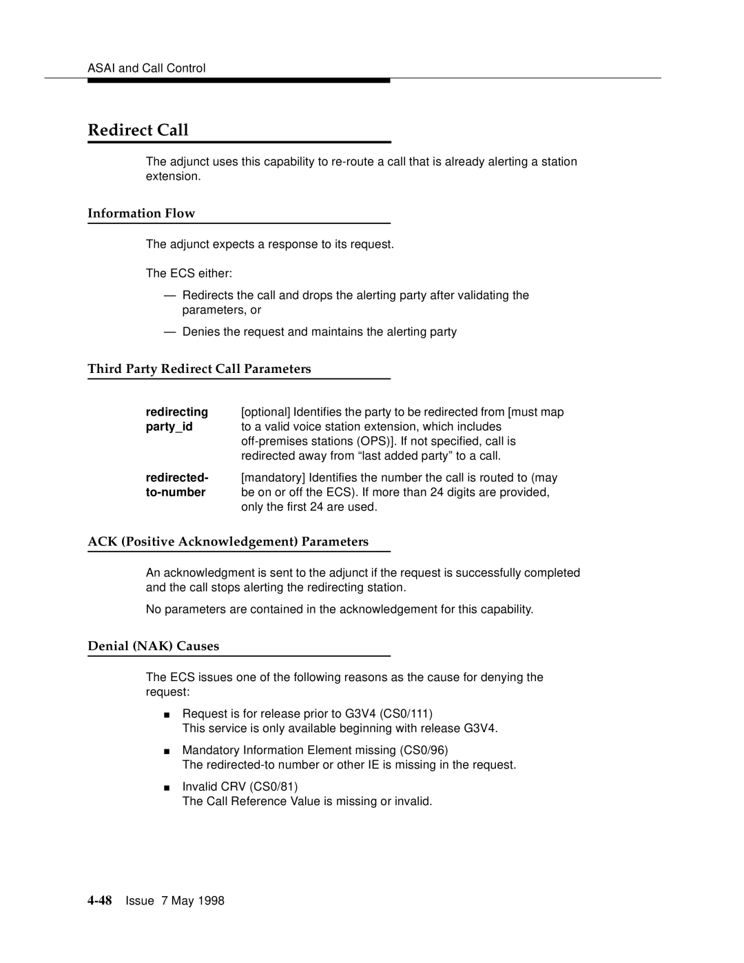 Lucent Technologies 555-230-220 manual Third Party Redirect Call Parameters 