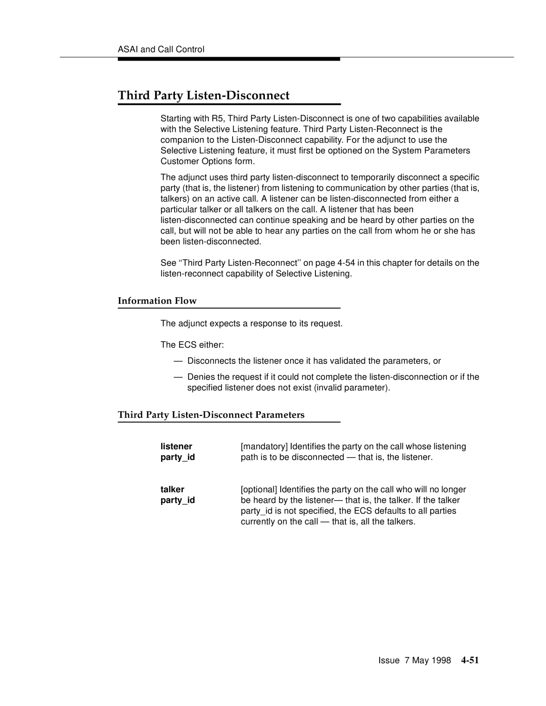 Lucent Technologies 555-230-220 manual Third Party Listen-Disconnect Parameters, Listener, Talker 