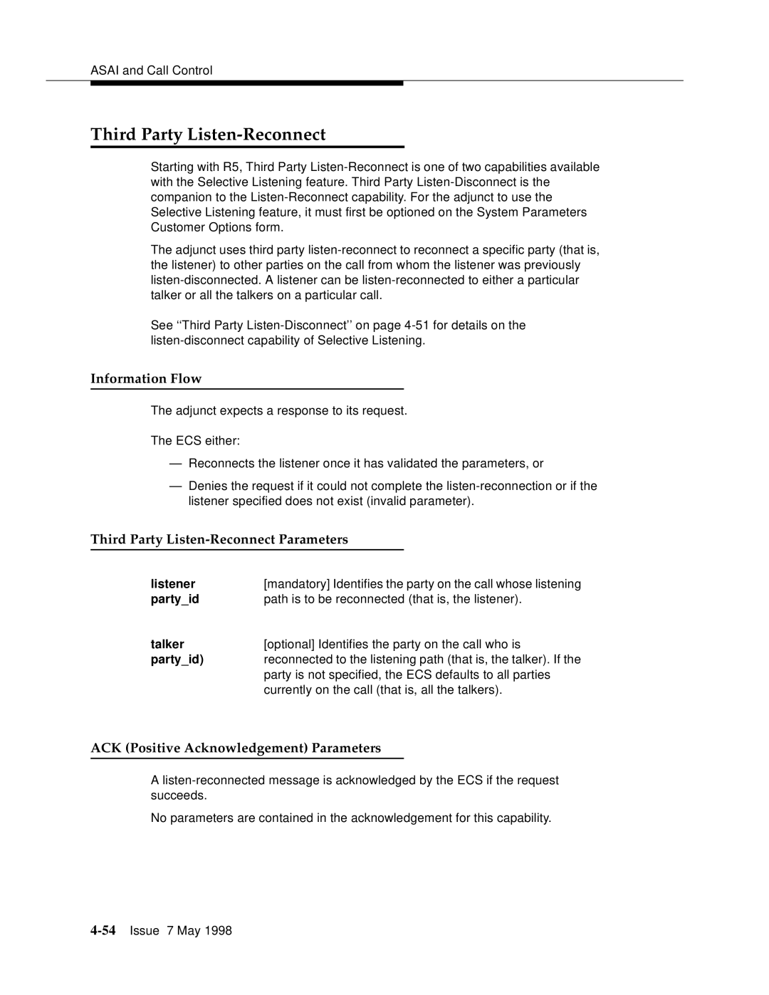 Lucent Technologies 555-230-220 manual Third Party Listen-Reconnect Parameters 