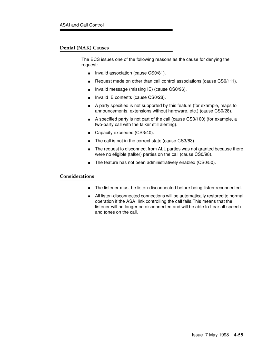 Lucent Technologies 555-230-220 manual Denial NAK Causes 