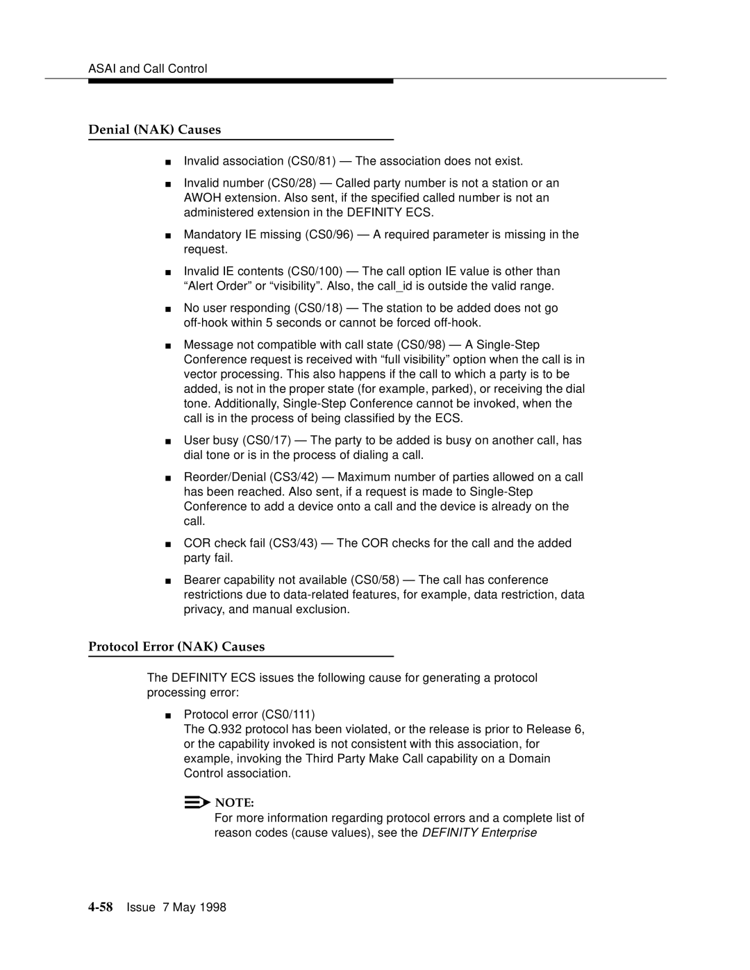 Lucent Technologies 555-230-220 manual Denial NAK Causes 