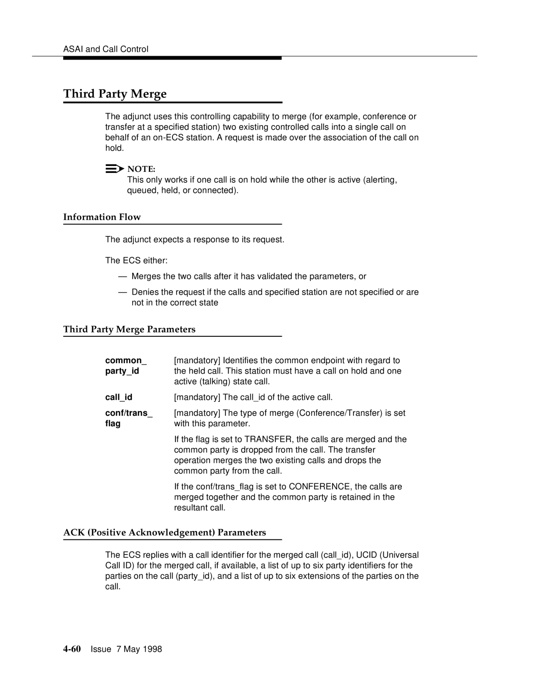 Lucent Technologies 555-230-220 manual Third Party Merge Parameters, Common, Conf/trans, Flag 