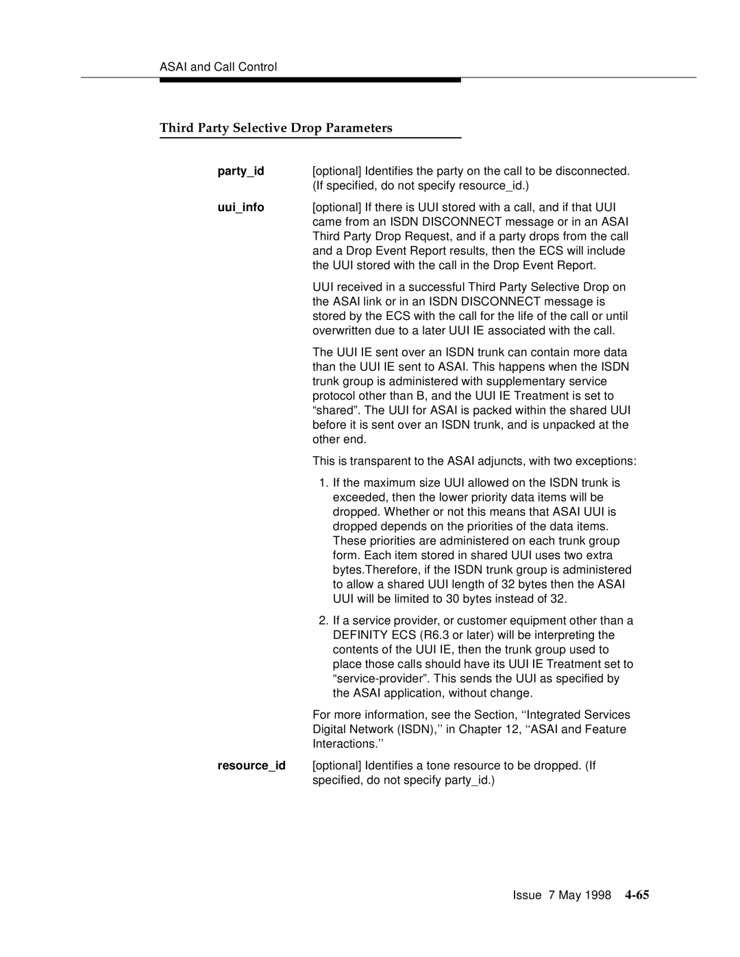 Lucent Technologies 555-230-220 manual Third Party Selective Drop Parameters, Resourceid 