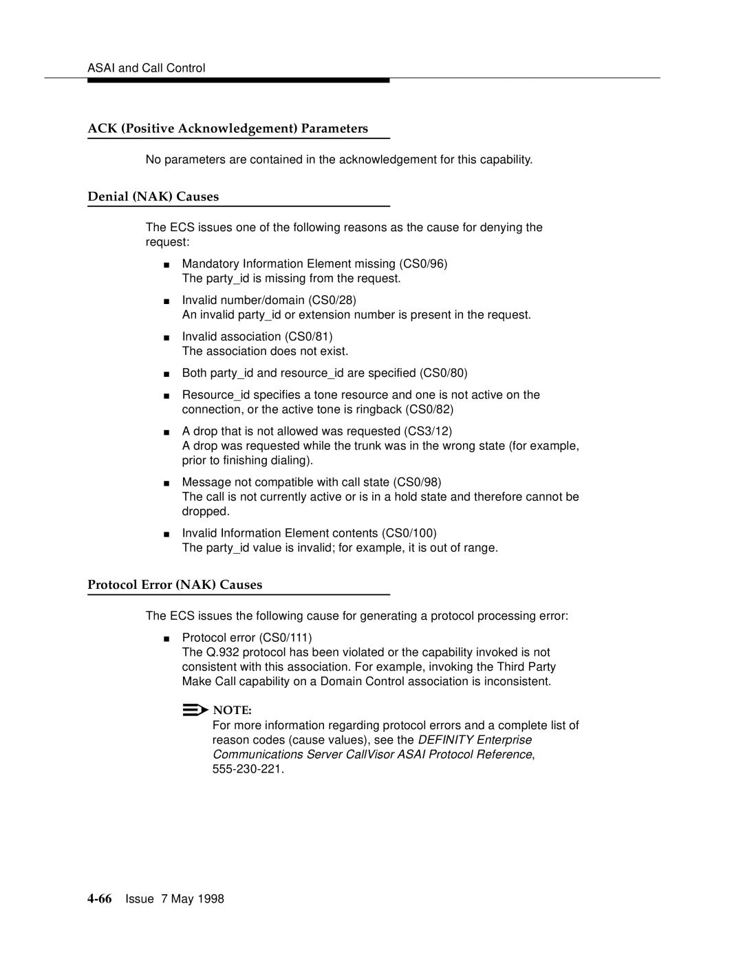 Lucent Technologies 555-230-220 manual ACK Positive Acknowledgement Parameters 