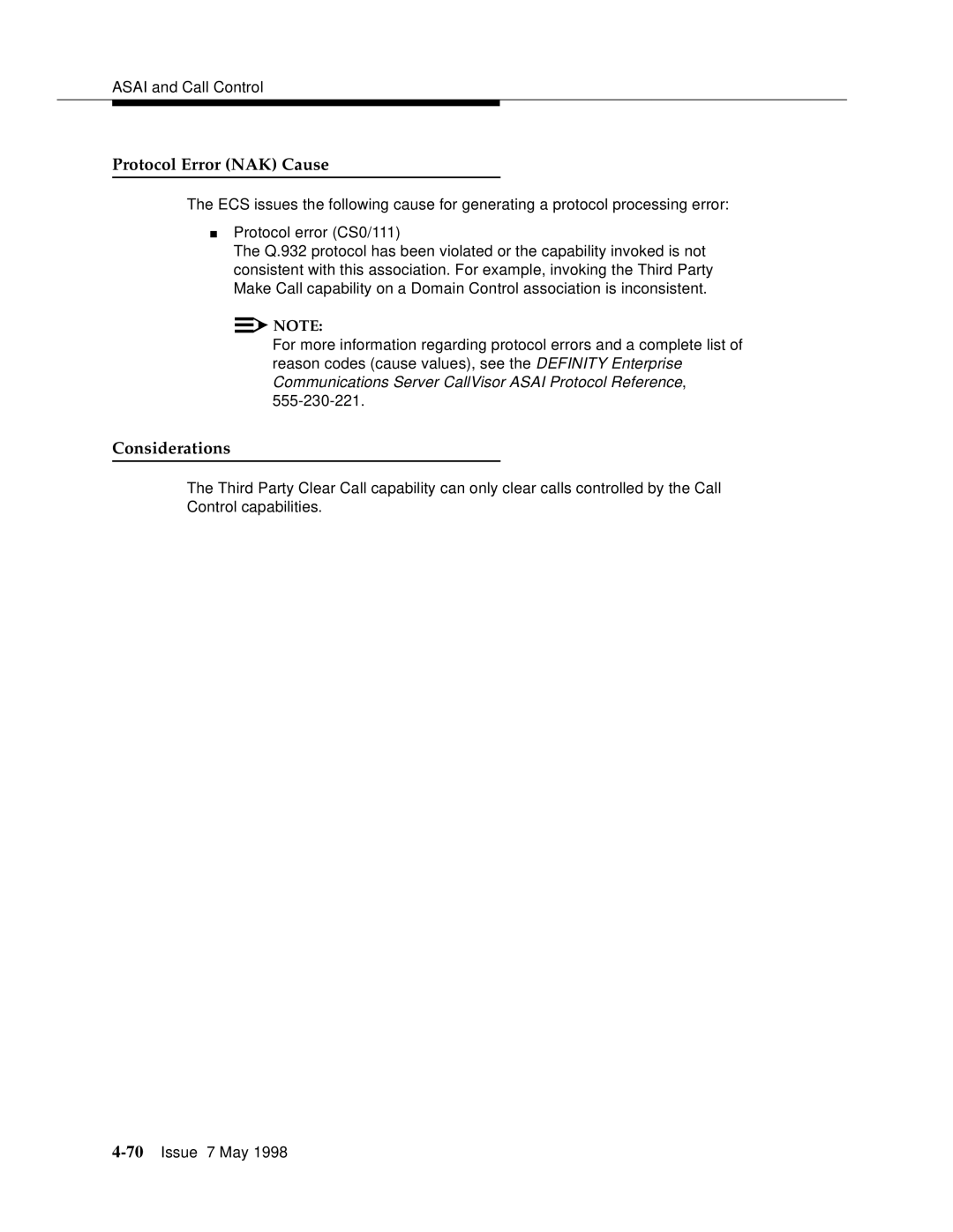 Lucent Technologies 555-230-220 manual Protocol Error NAK Cause 