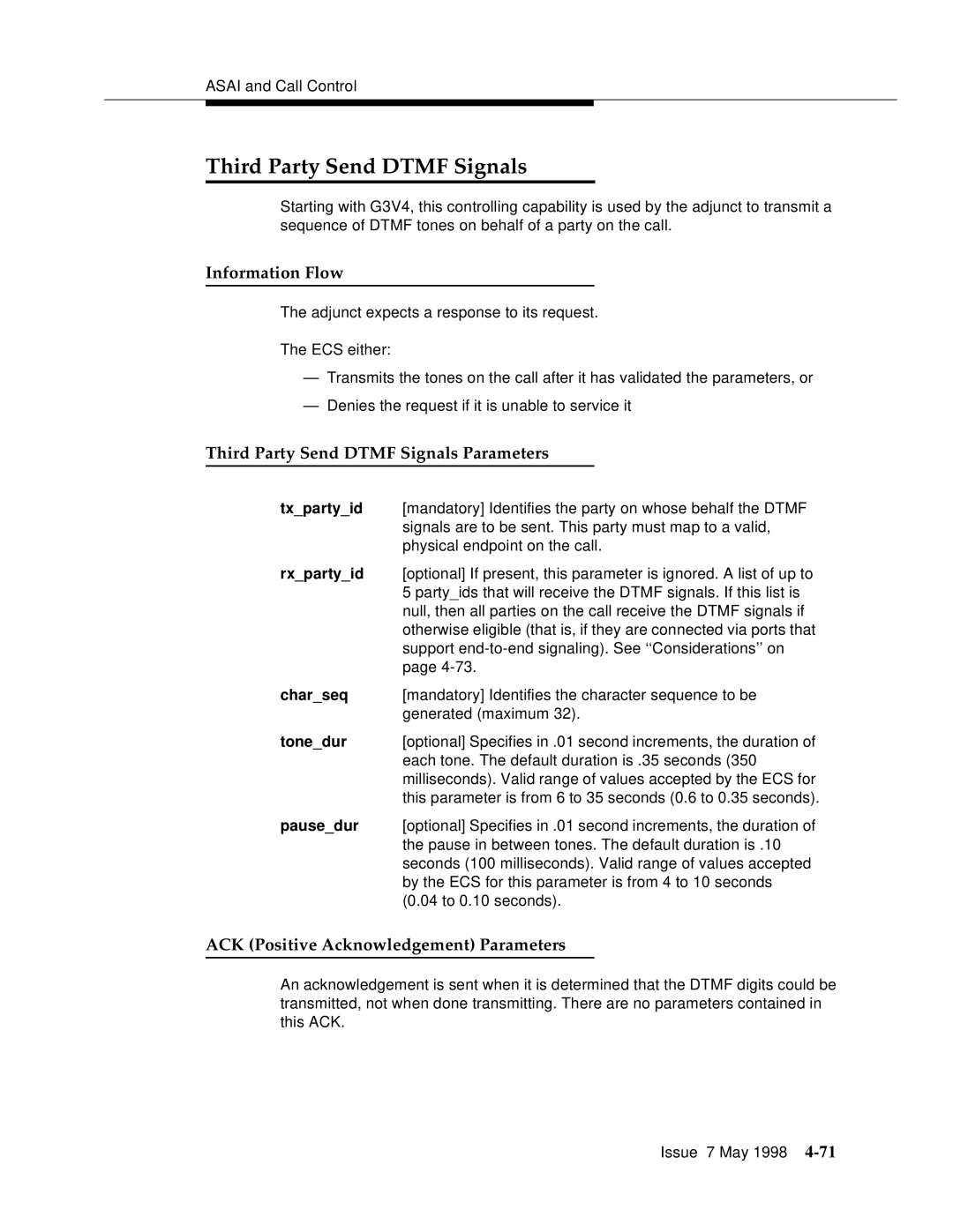 Lucent Technologies 555-230-220 manual Third Party Send Dtmf Signals Parameters 