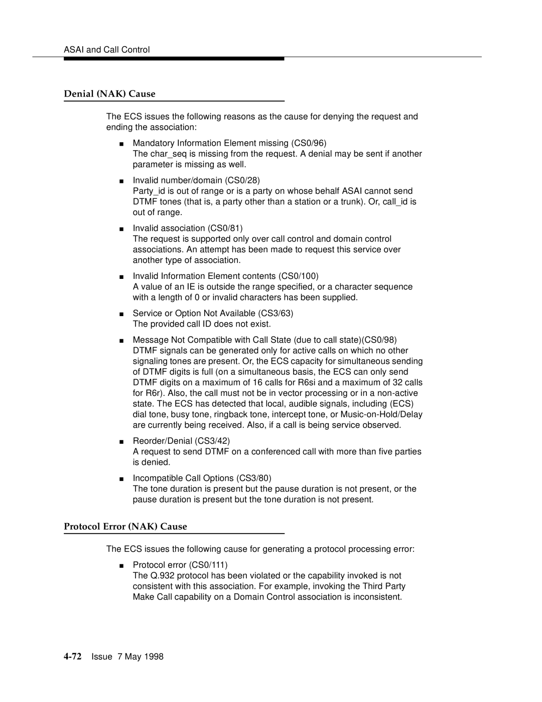 Lucent Technologies 555-230-220 manual Denial NAK Cause 