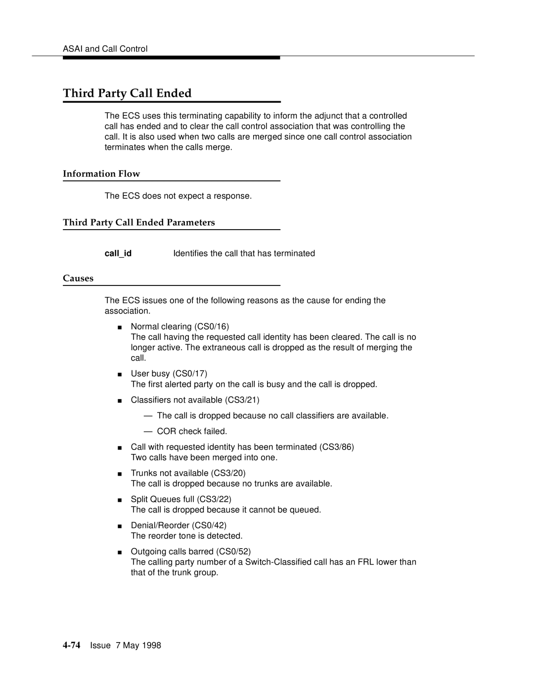 Lucent Technologies 555-230-220 manual Third Party Call Ended Parameters, Causes 