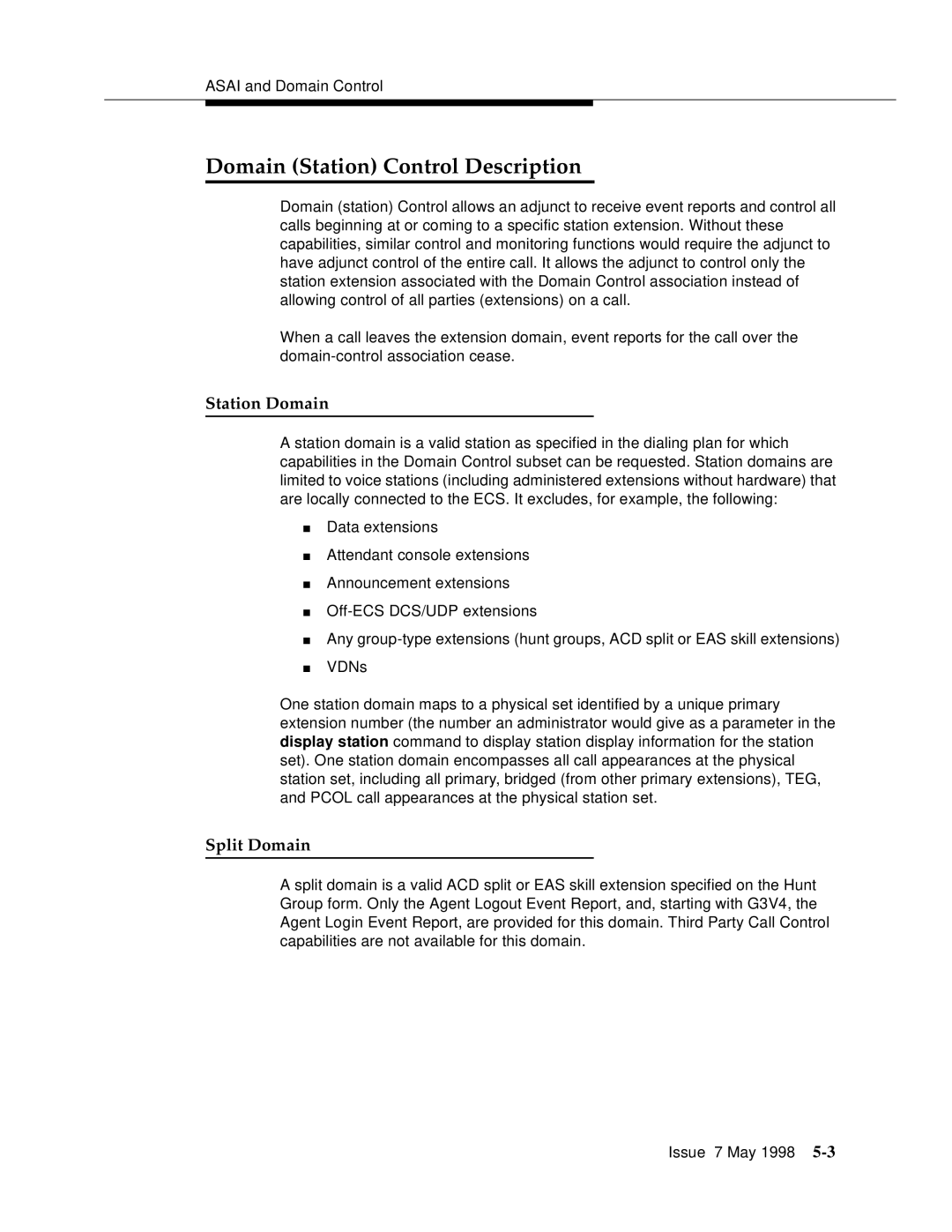 Lucent Technologies 555-230-220 manual Domain Station Control Description, Station Domain, Split Domain 