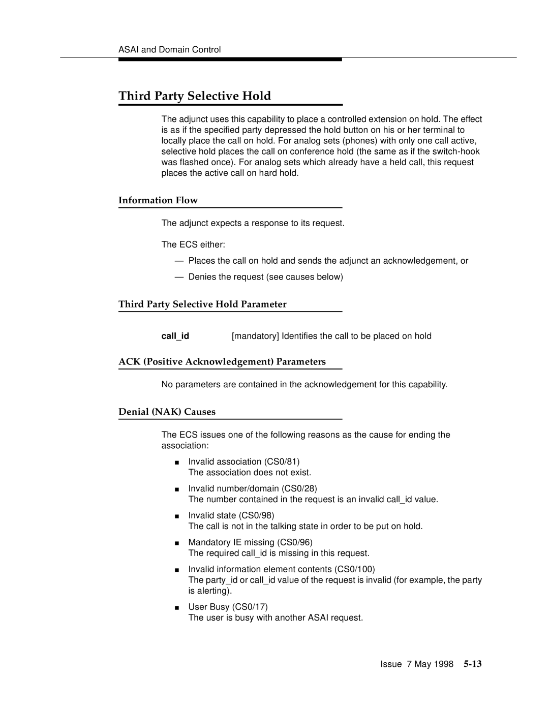 Lucent Technologies 555-230-220 manual Third Party Selective Hold Parameter 