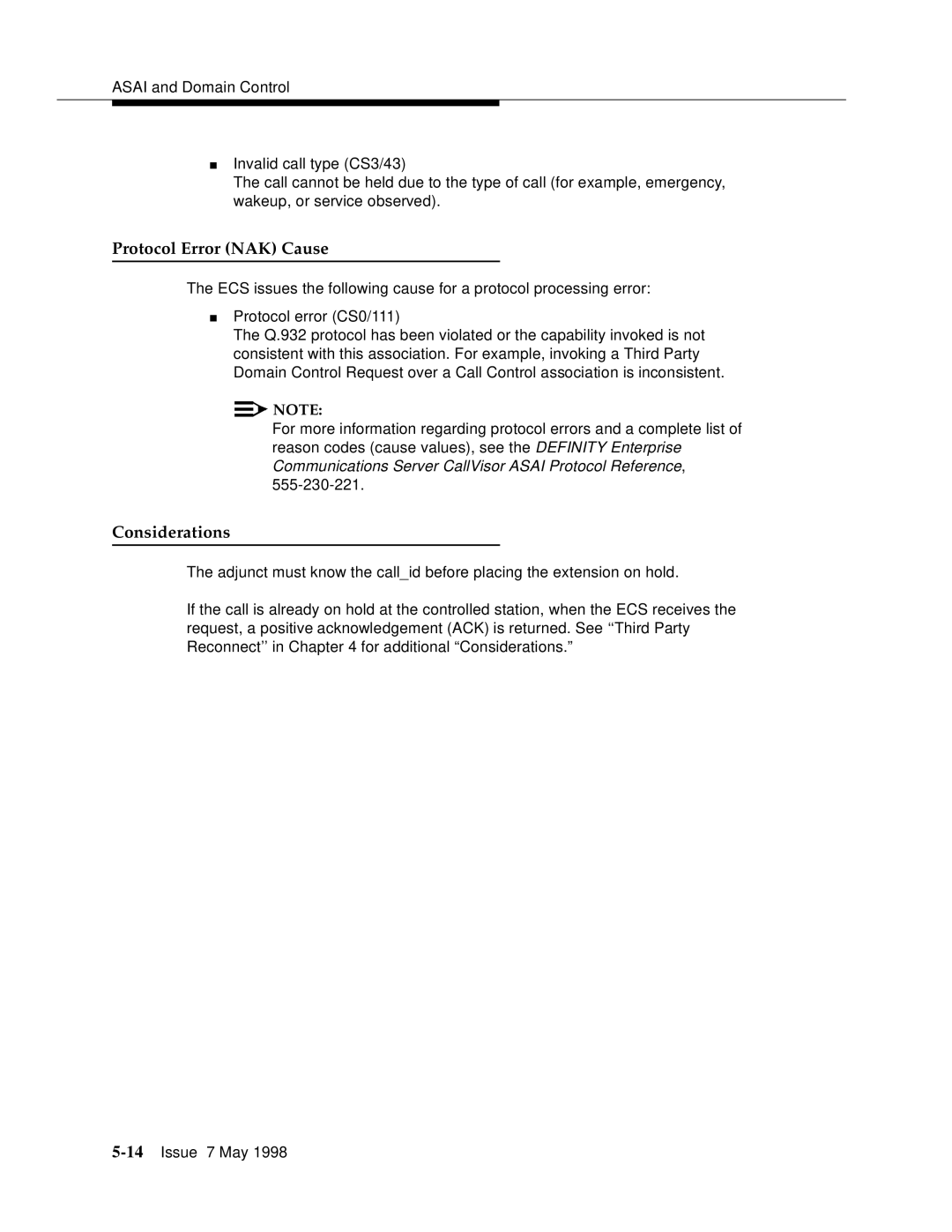 Lucent Technologies 555-230-220 manual Protocol Error NAK Cause 