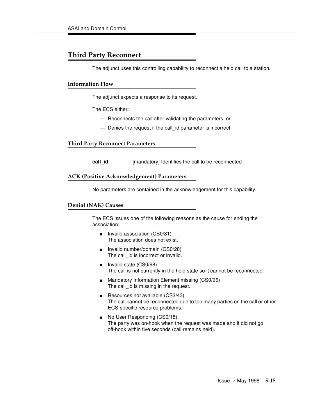 Lucent Technologies 555-230-220 manual Third Party Reconnect, Callid Mandatory Identifies the call to be reconnected 