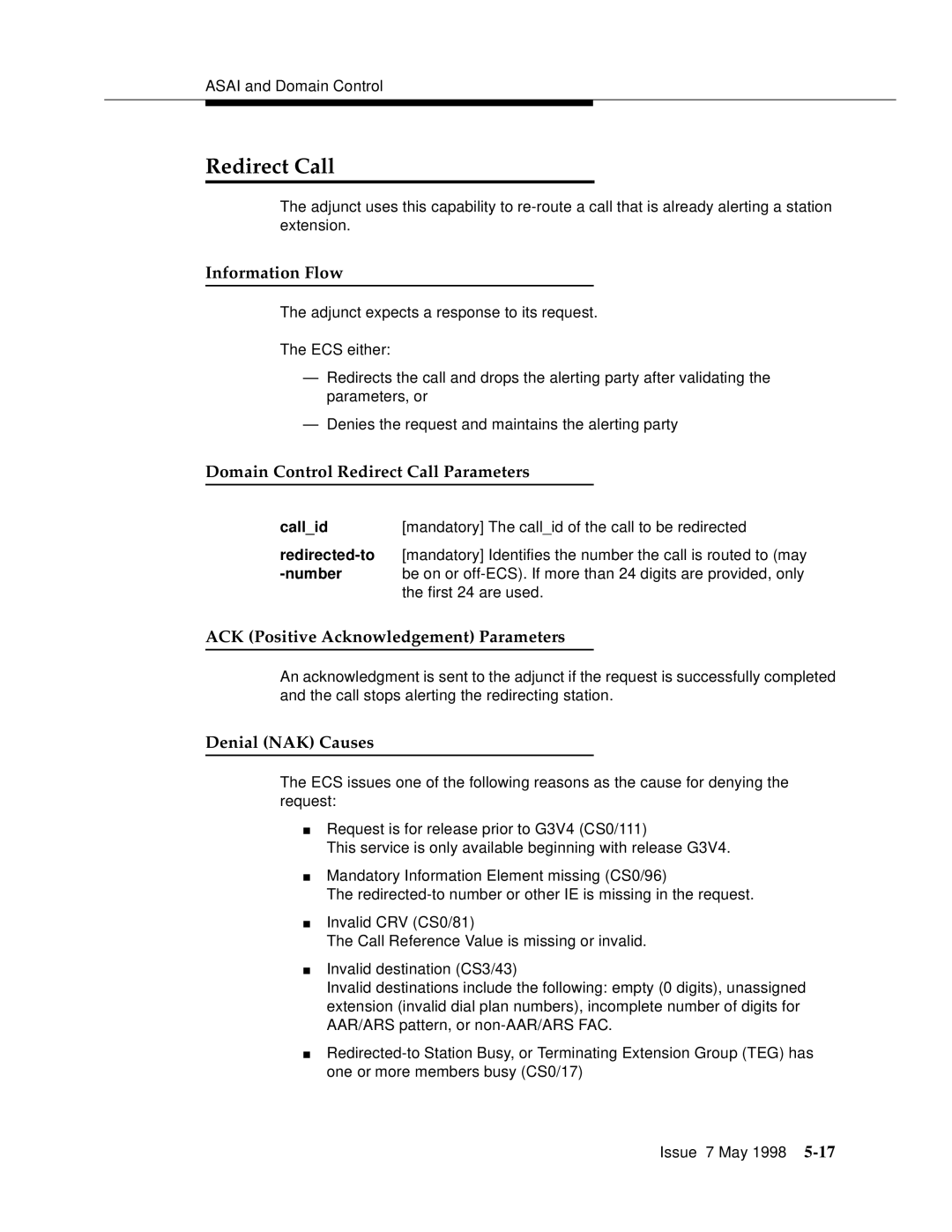 Lucent Technologies 555-230-220 manual Domain Control Redirect Call Parameters 